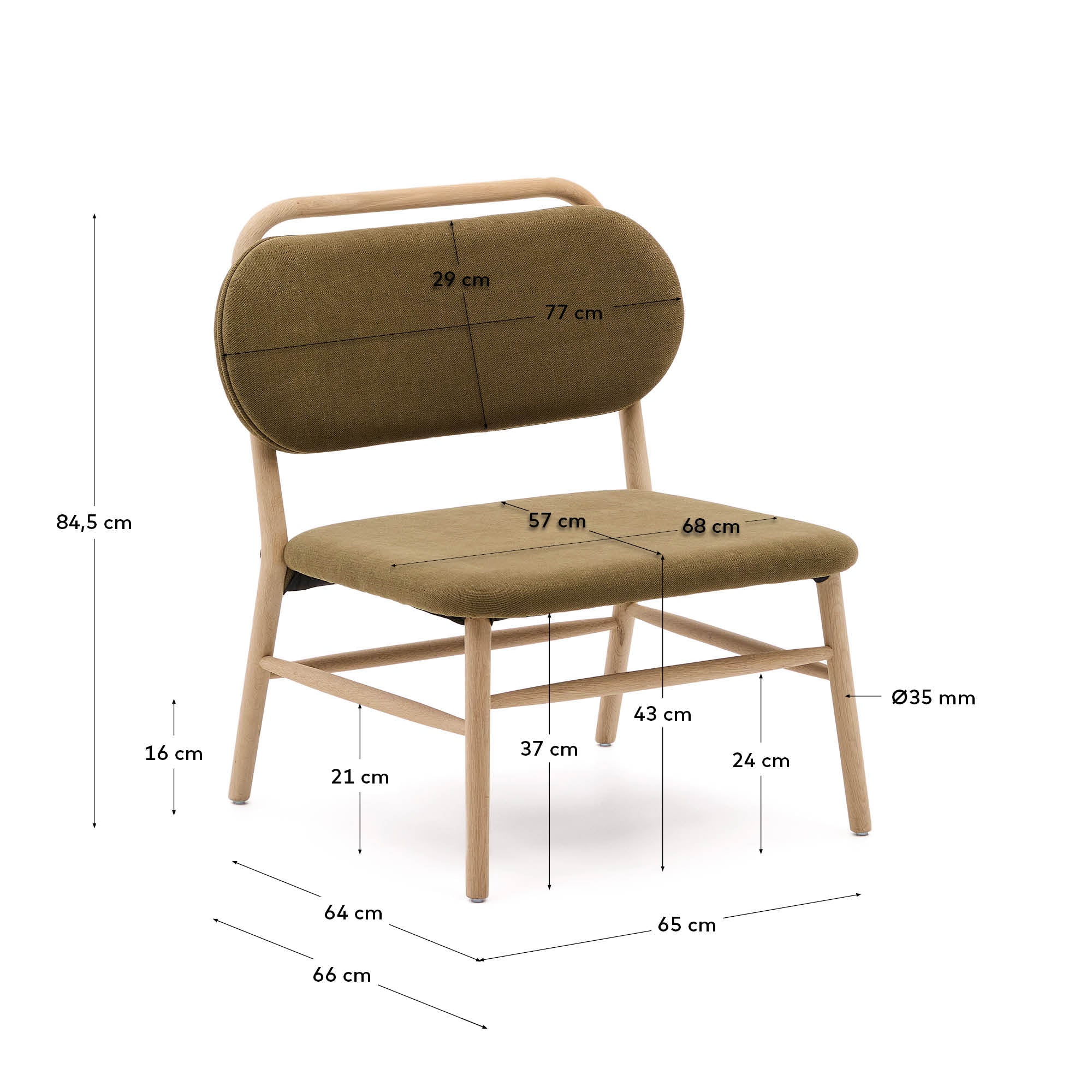 Helda armchair in green chenille and FSC Mix Credit solid oak wood - Measurements