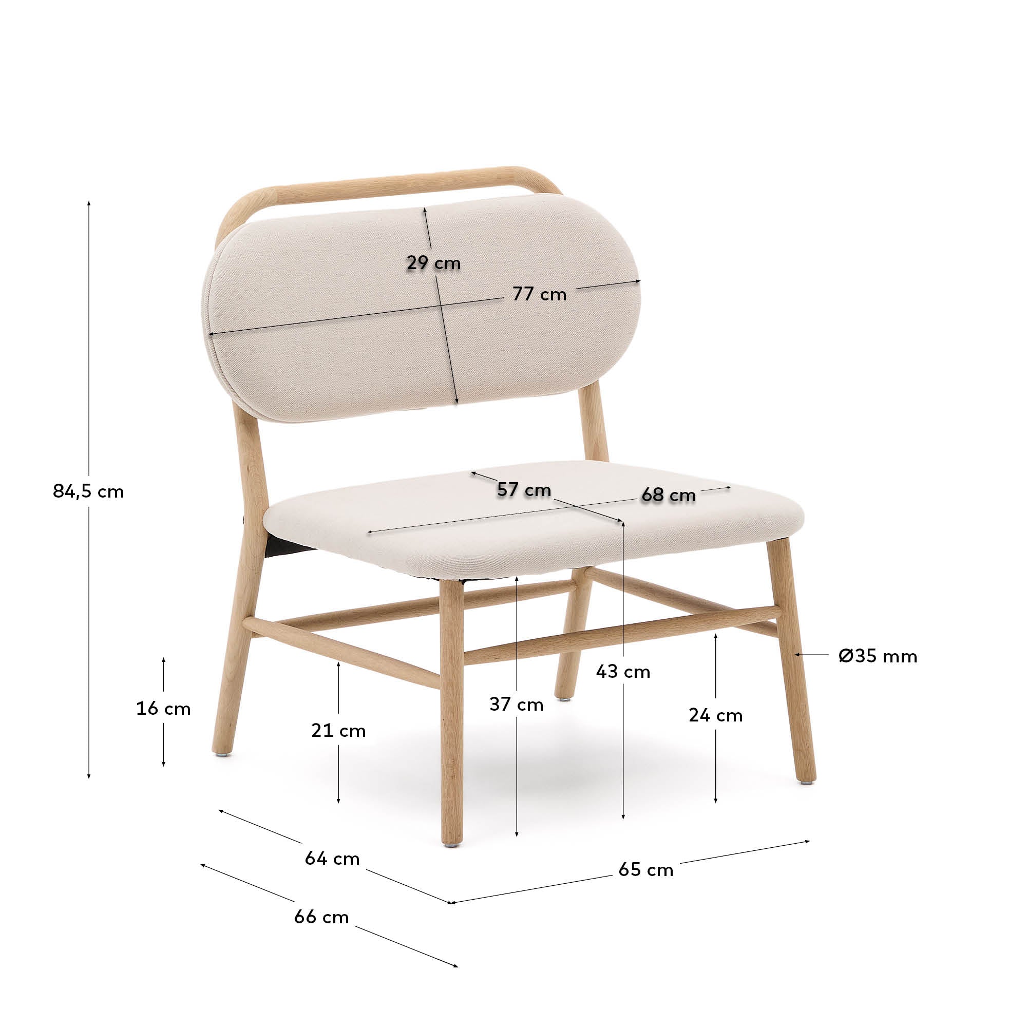 Helda armchair in beige chenille and FSC Mix Credit solid oak wood - Measurements
