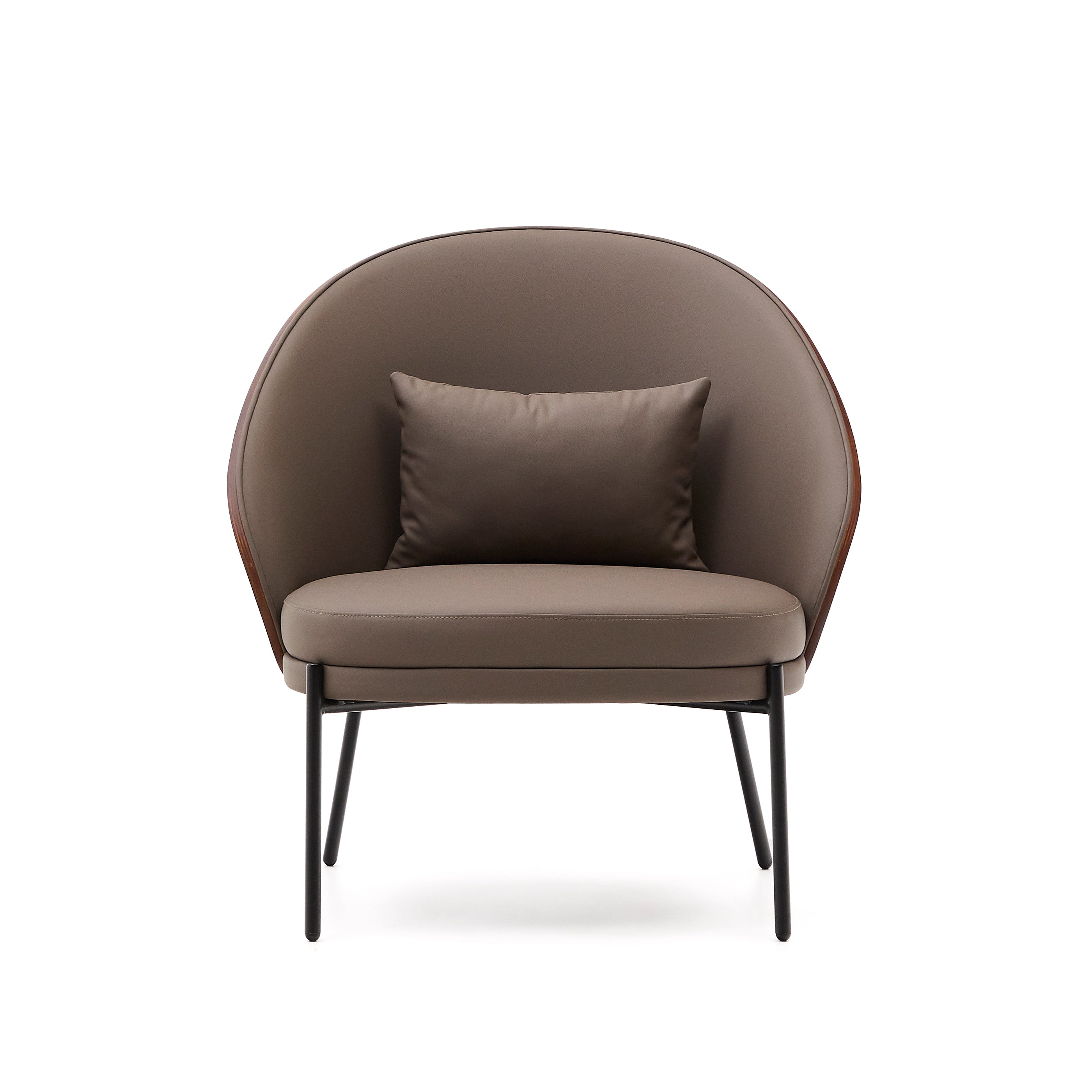 Eamy armchair in brown faux leather, ash veneer with walnut and black metal finish - Product Image