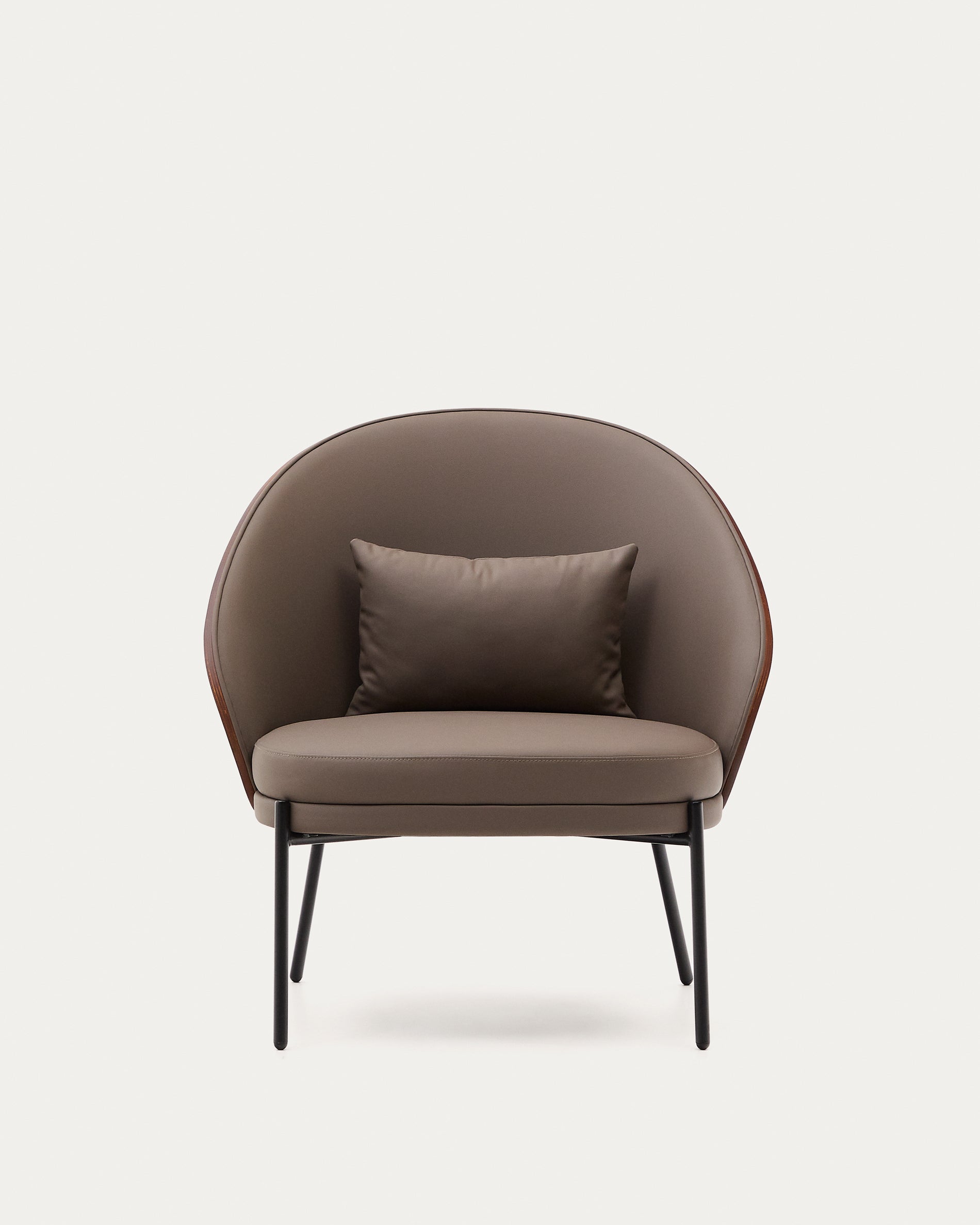 Eamy armchair in brown faux leather, ash veneer with walnut and black metal finish - Product View