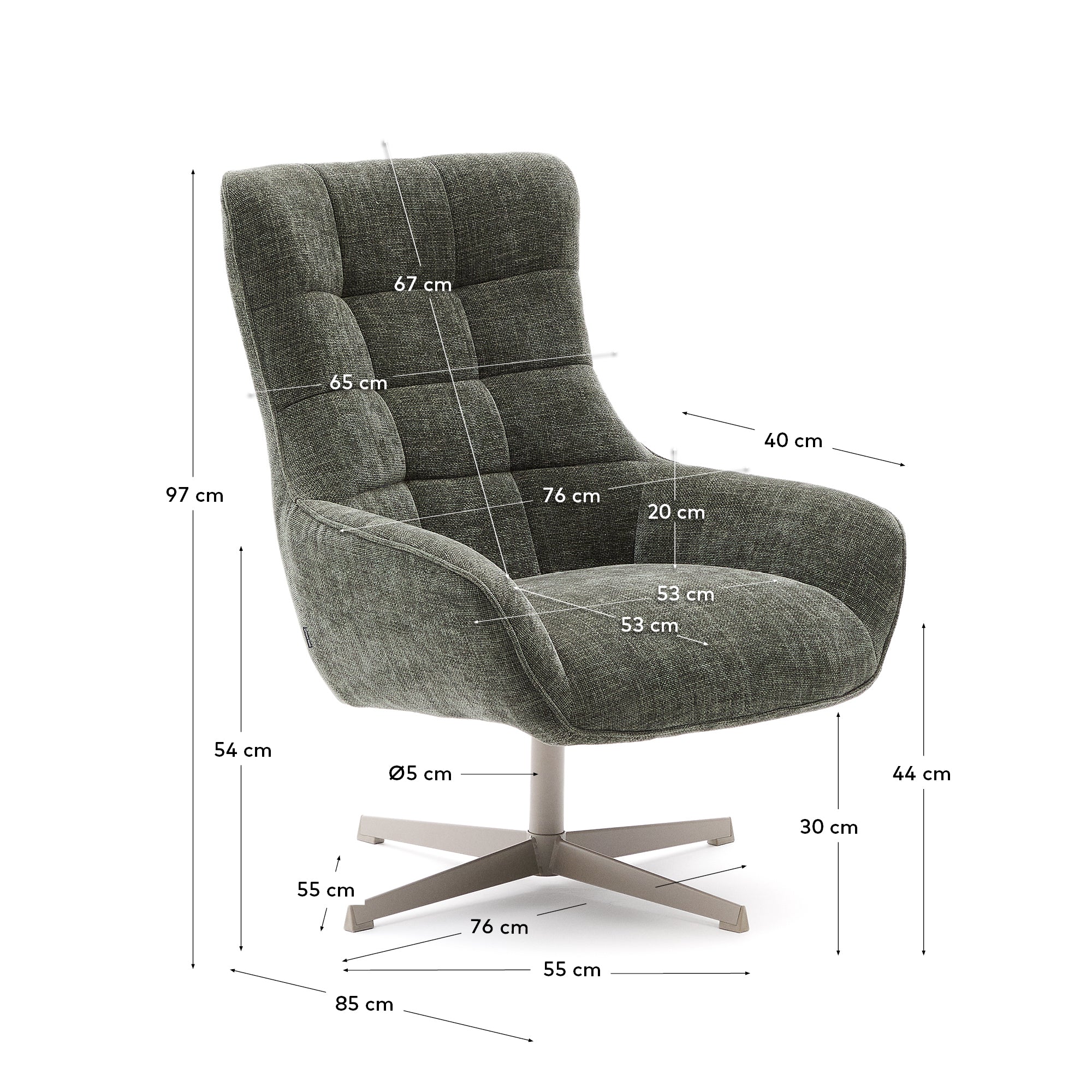 Teryl swivel green chenille armchair with grey-finished metal, FSC 100% - Measurements