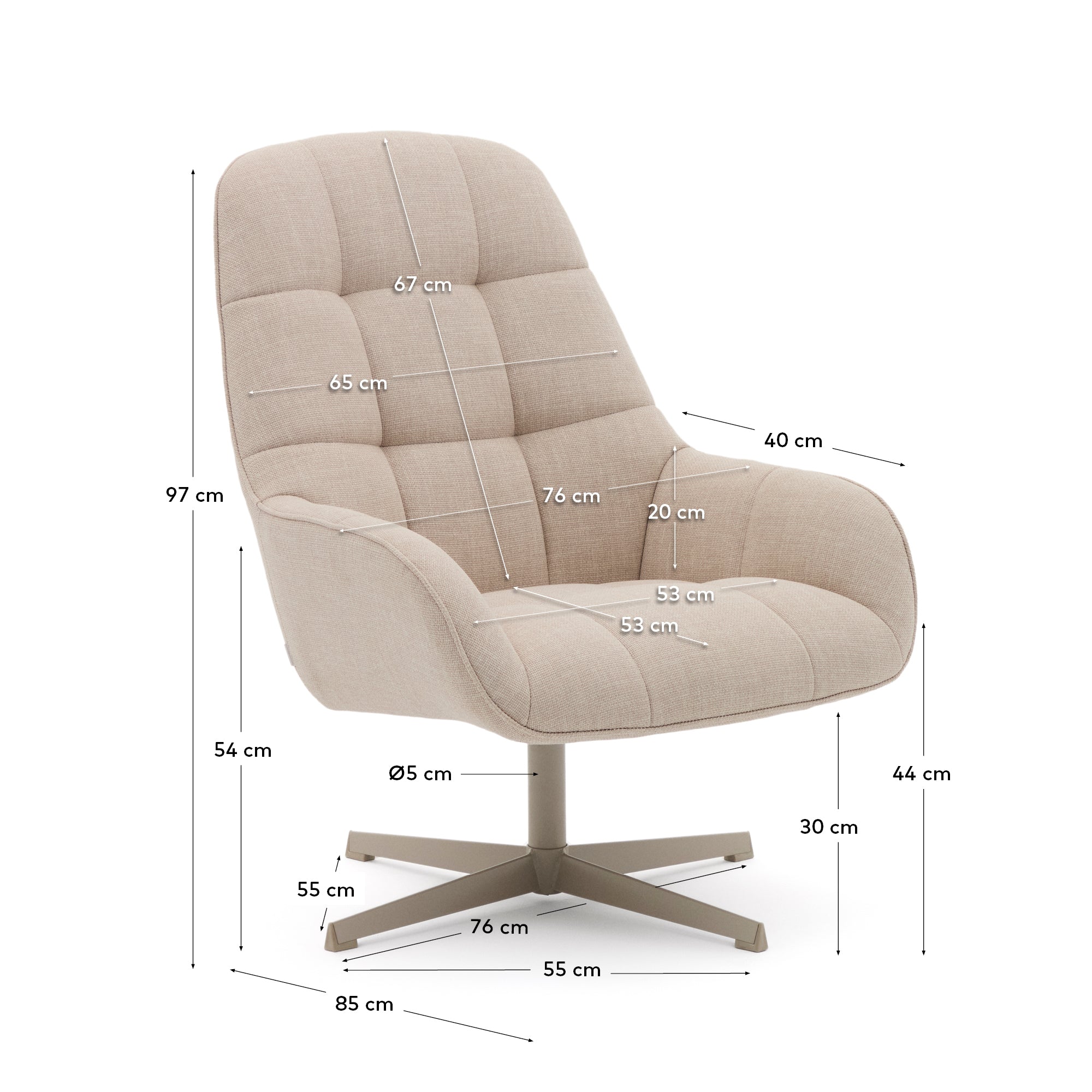 Jaspe beige swivel armchair with grey-finished metal, FSC 100% - Measurements