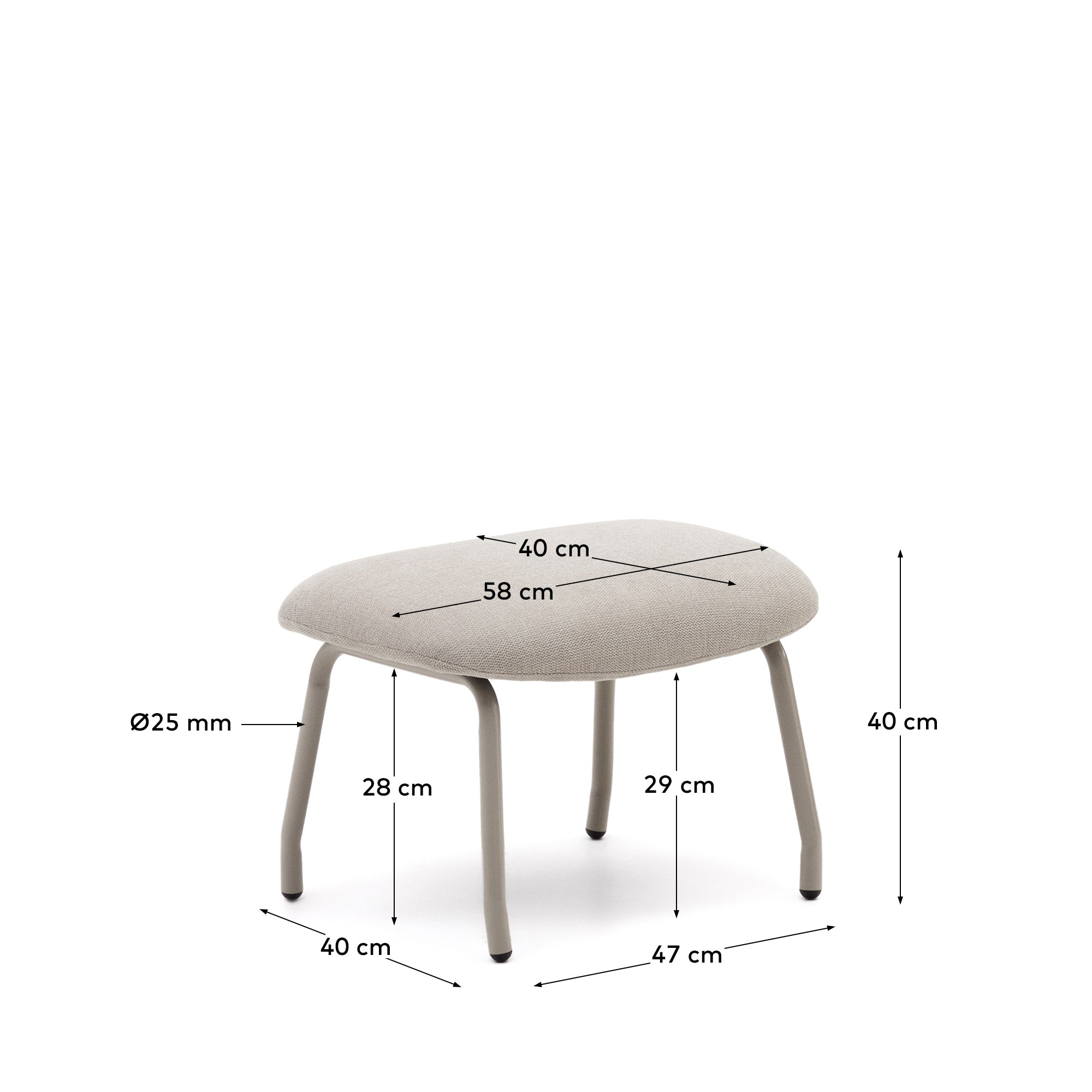 Belina beige chenille footrest in steel with beige finish FSC 100% - Measurements