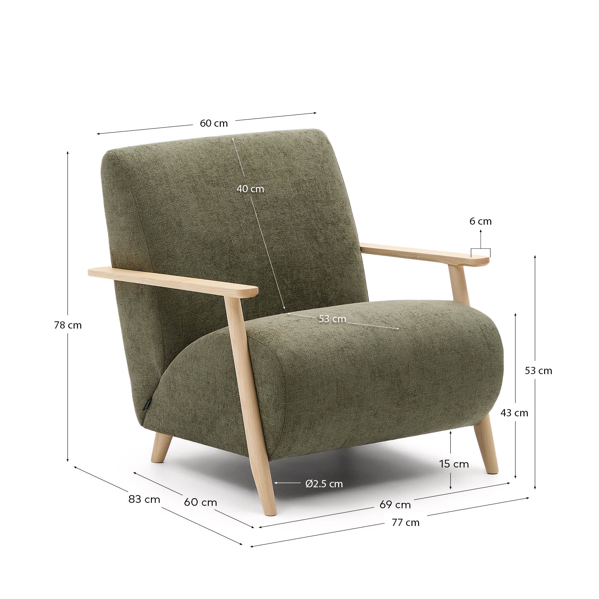 Meghan armchair in green chenille and with solid beech wood in a natural finish FSC Mix Credit - Measurements