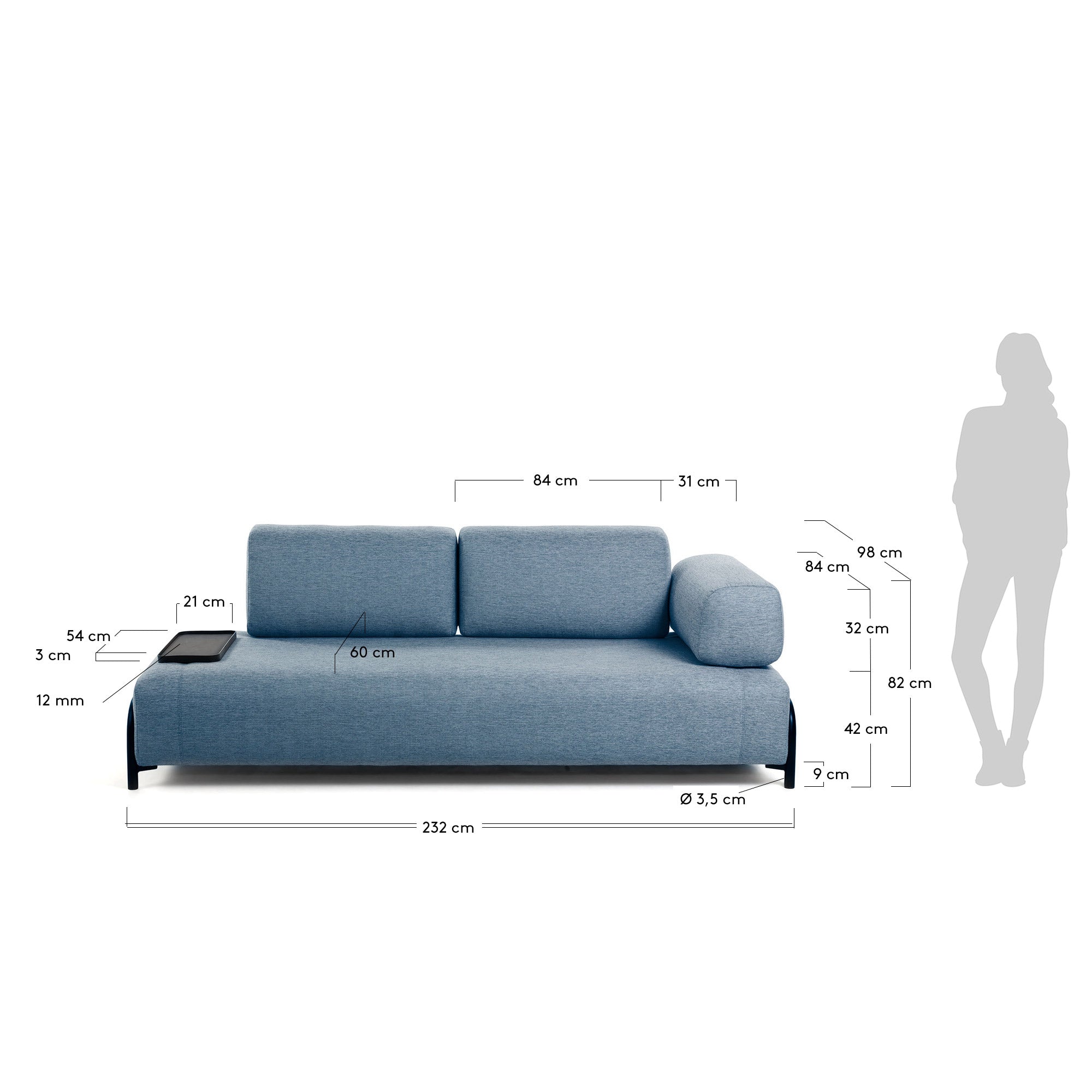 Compo 3-seater sofa in blue with small tray 232 cm - Measurements