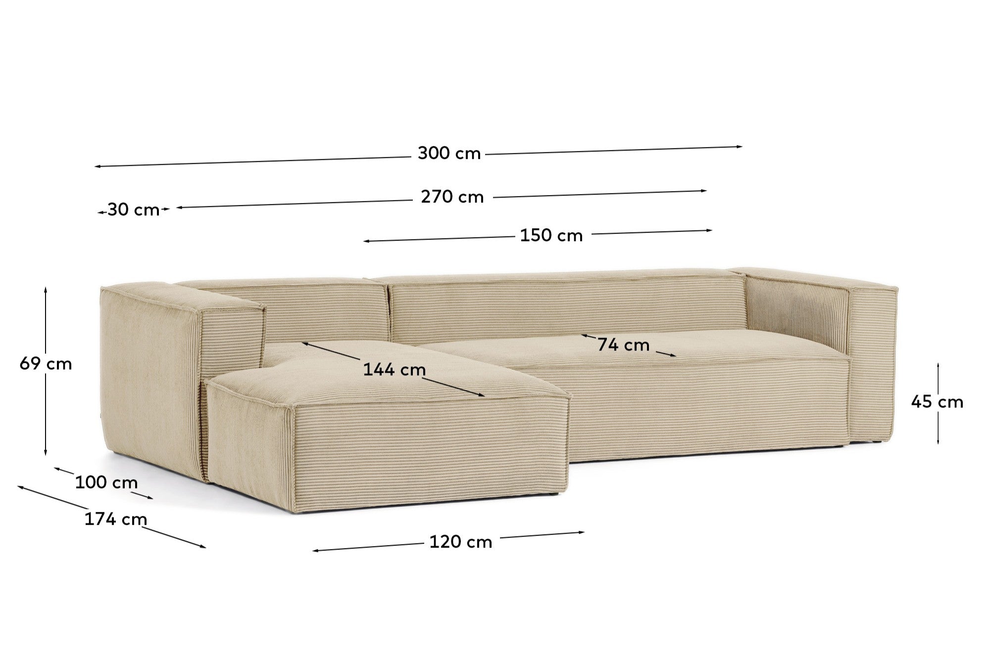 Blok 3 seater sofa with left side chaise longue in beige wide seam corduroy, 300 cm - Measurements