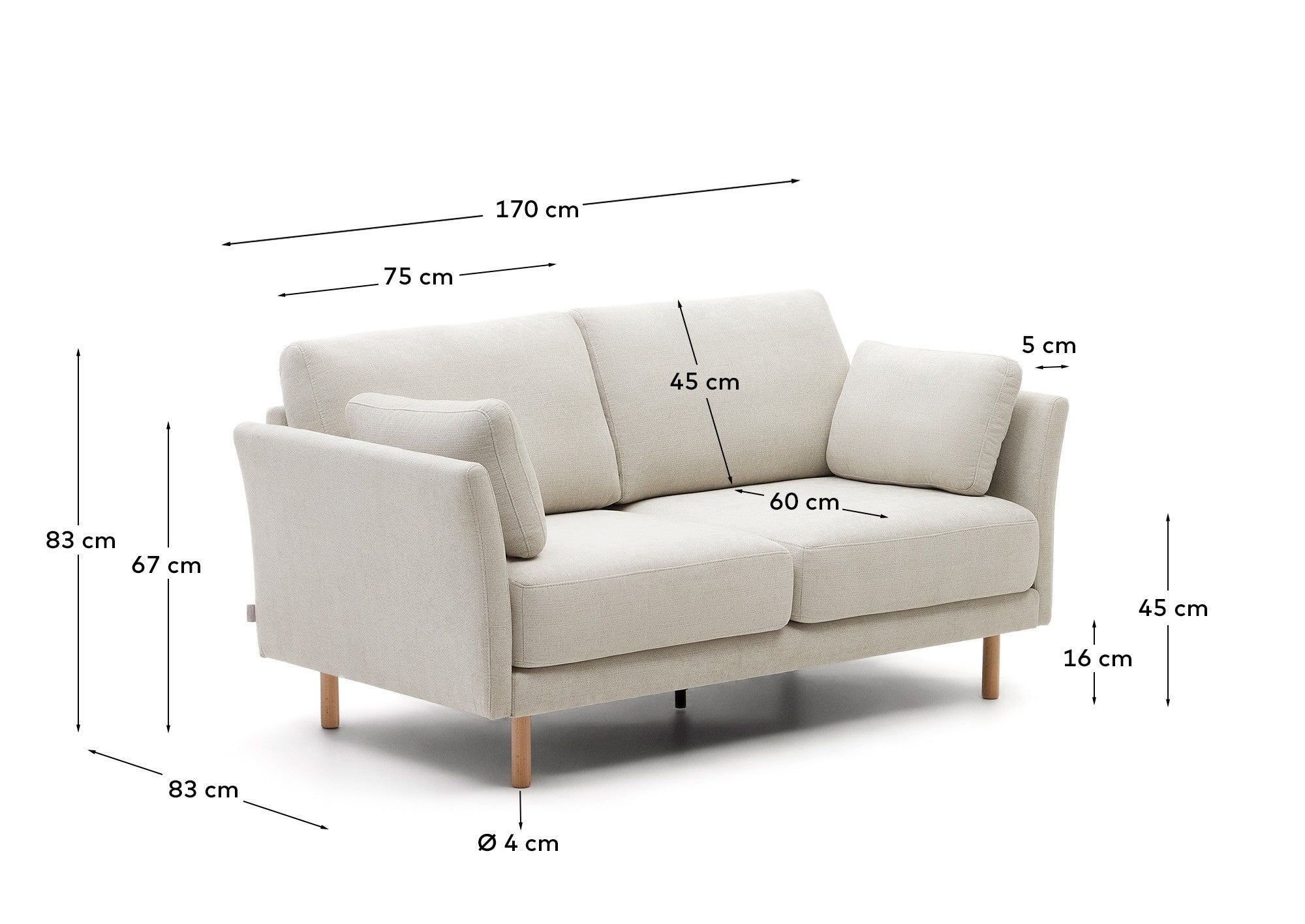 Gilma 2 seater sofa in chenille pearl with natural wood finish legs, 170 cm - Measurements