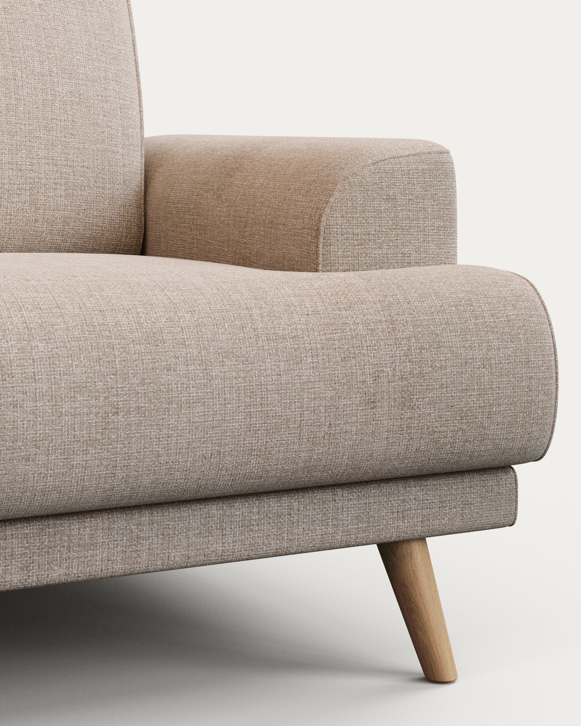 Karin 2-seater sofa beige with solid beech wood legs with natural finish, 210 cm - Detail