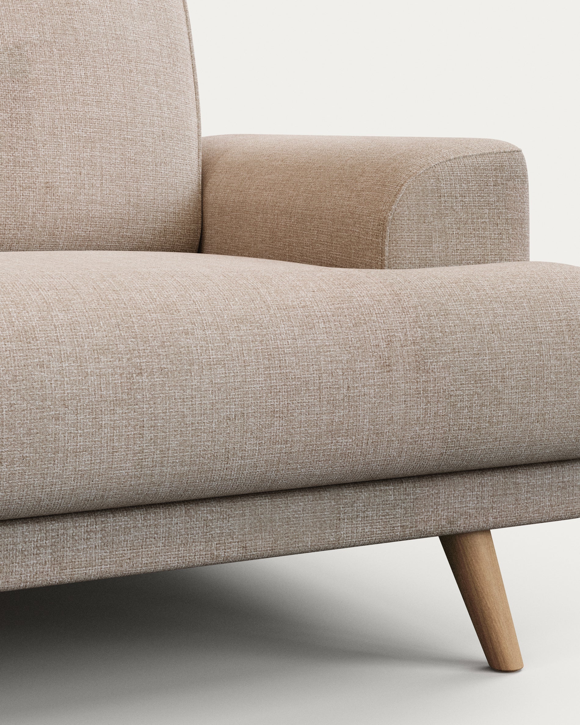 Karin 3-seater sofa beige with solid beech wood legs with natural finish, 231 cm - Detail