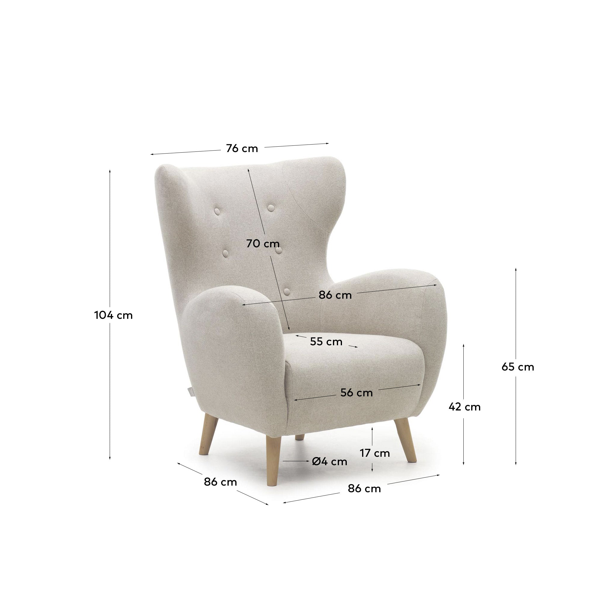 Patio beige armchair with solid beech wood legs FSC Mix Credit - Measurements