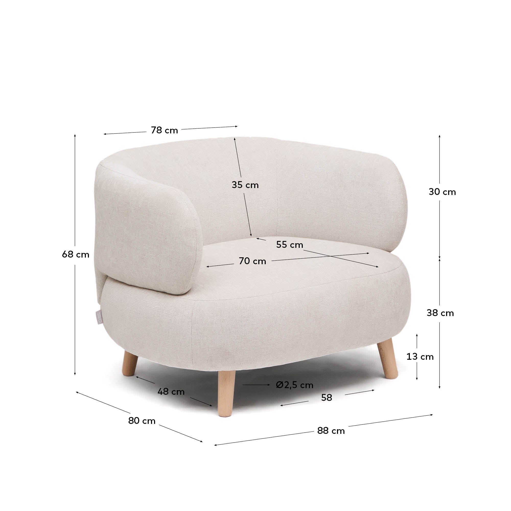 Luisa armchair in chenille pearl with solid beech wood legs 90 cm - Measurements
