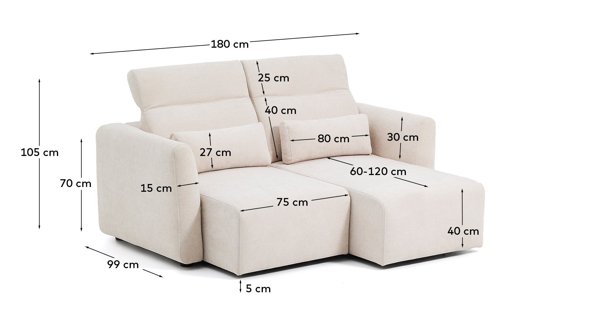 Lares 2-seater sofa with motorised sliding seats and reclining headrest in beige chenille 180cm - Measurements