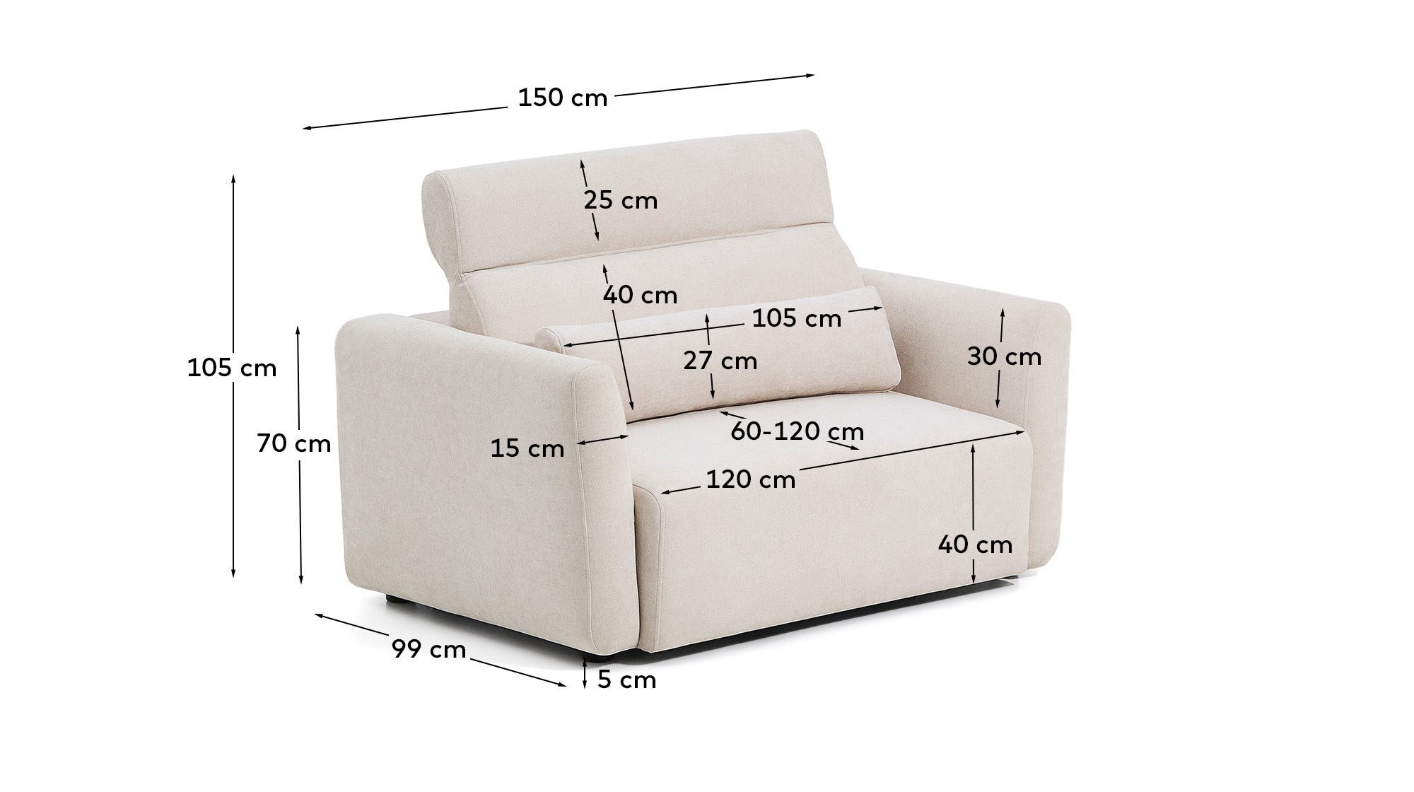 Lares 2-seater sofa with motorised sliding seats and reclining headrest in beige chenille 150cm - Measurements