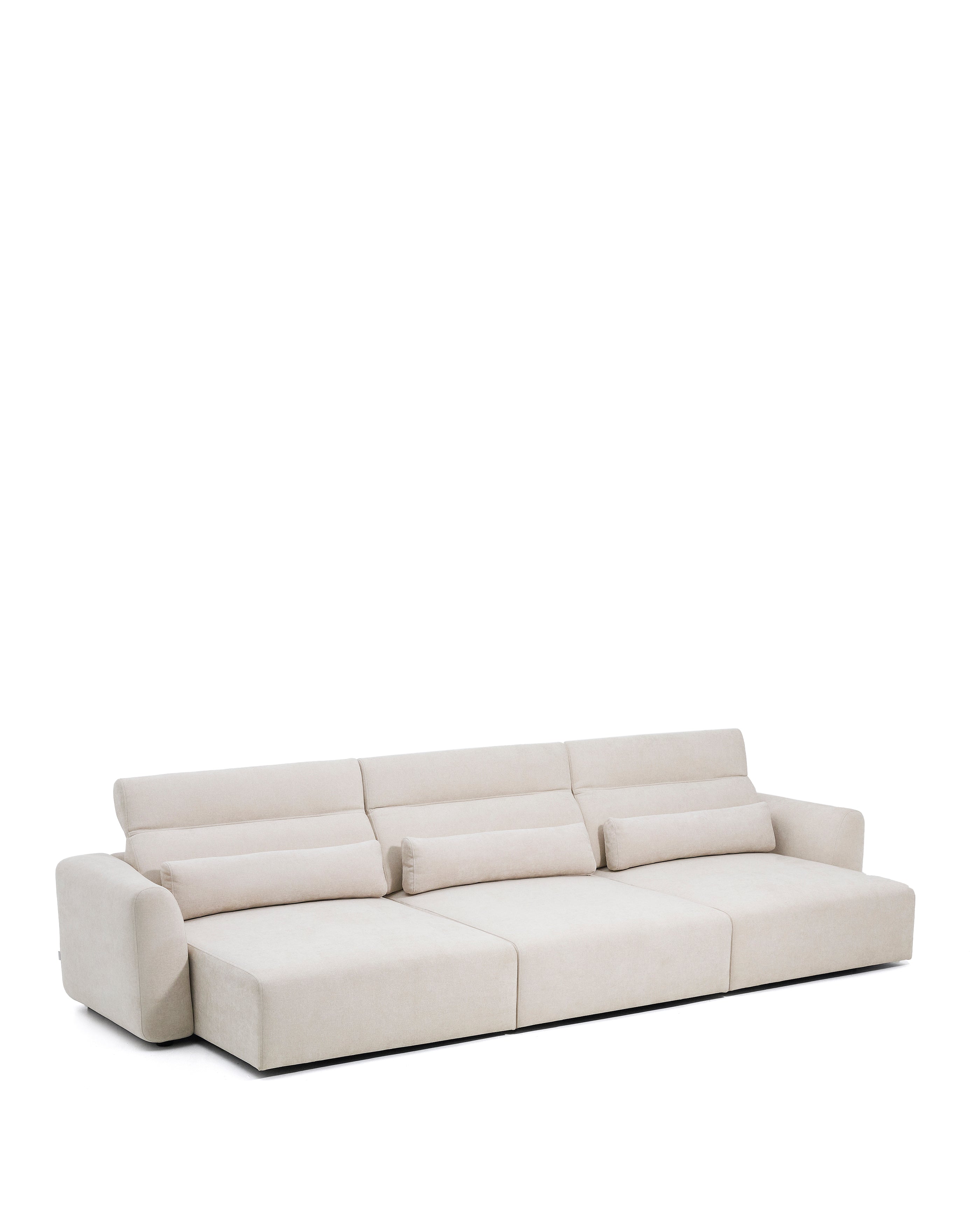 Lares 6-seater sofa with motorised sliding seats and reclining headrest in beige chenille 410cm - Product Image