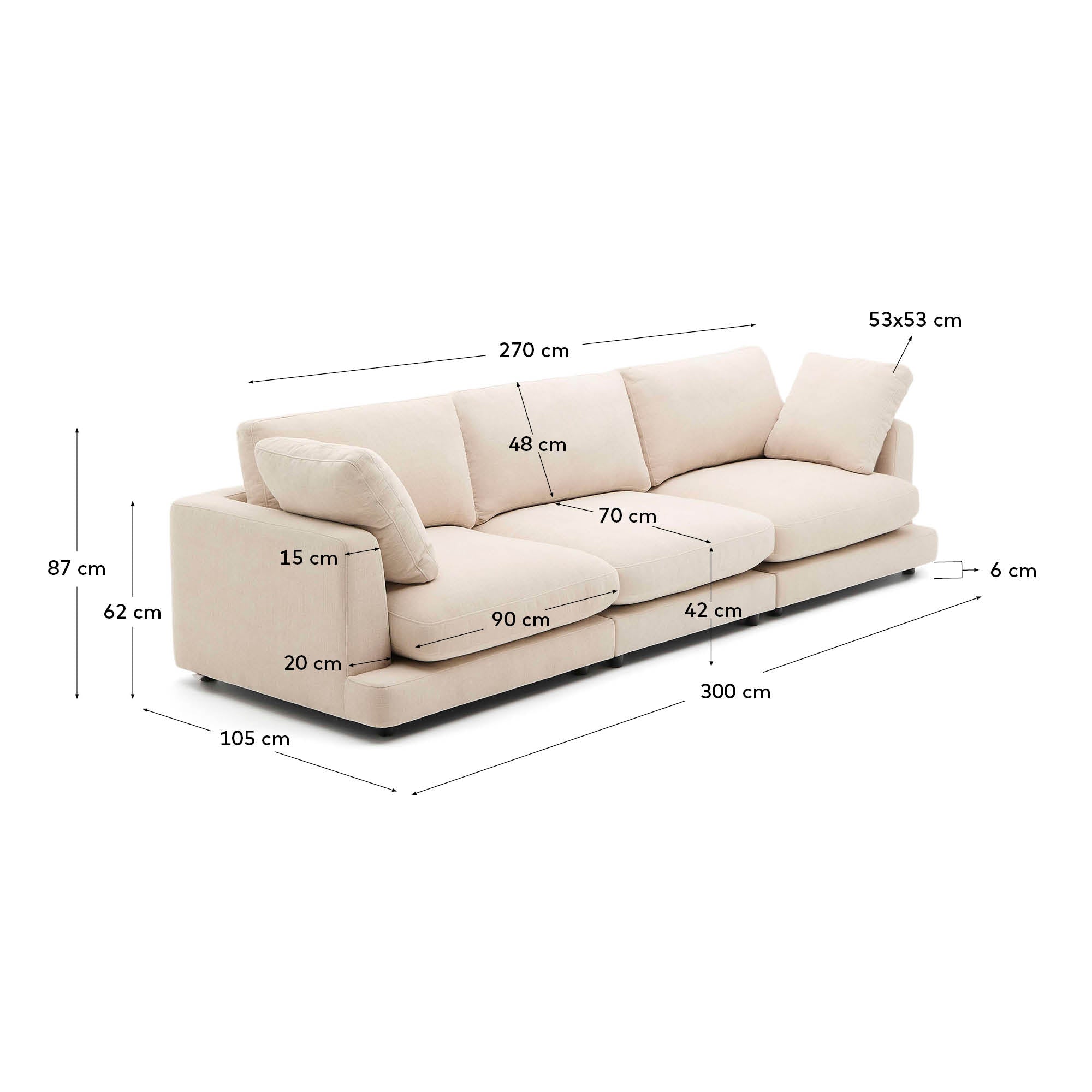 Gala 4-seater beige chenille sofa FSC Mix Credit 300cm - Measurements