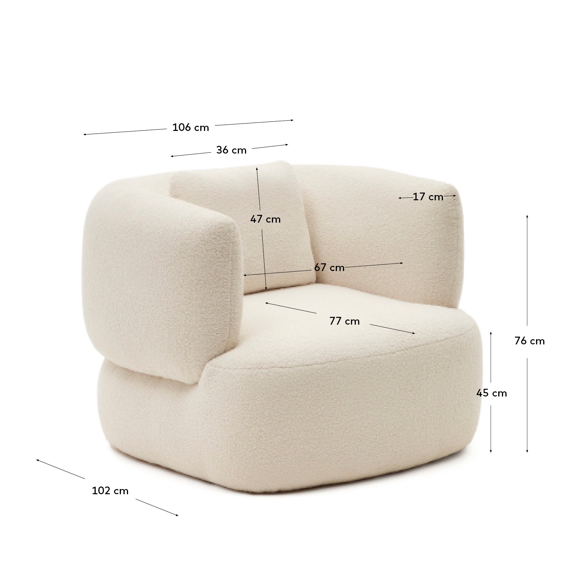 Martina ecru bouclé swivel armchair with cushion FSC Mix Credit - Measurements