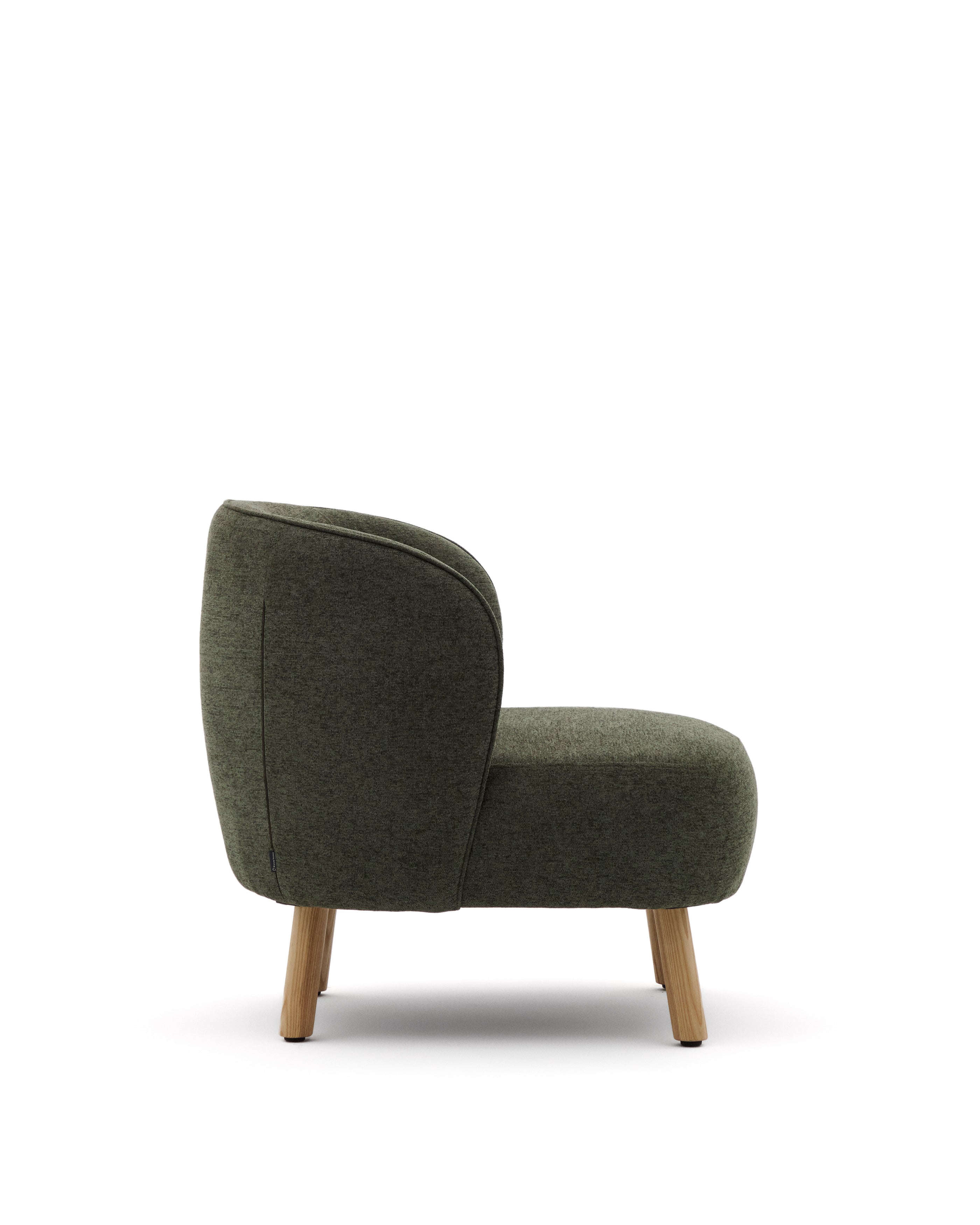 Ulit armchair in green chenille with solid beech wood legs in a natural finish - Product Image