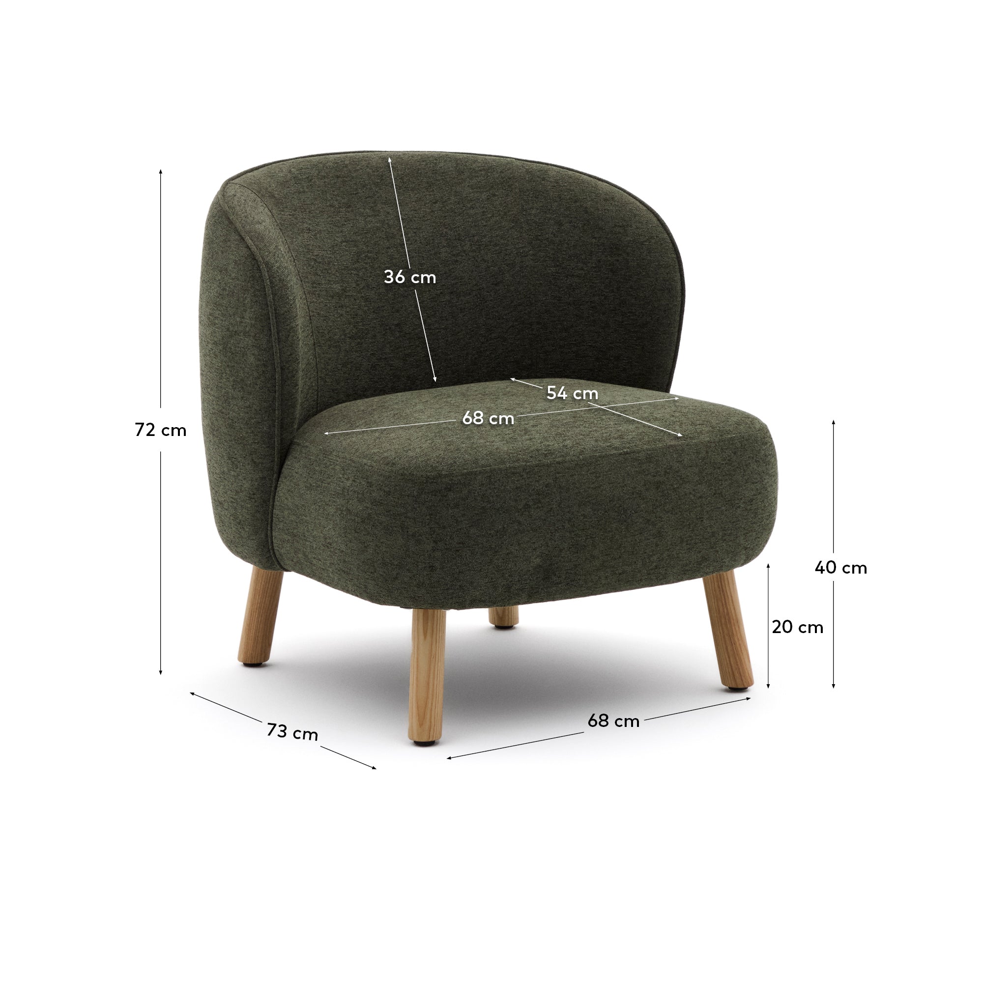Ulit armchair in green chenille with solid beech wood legs in a natural finish - Measurements