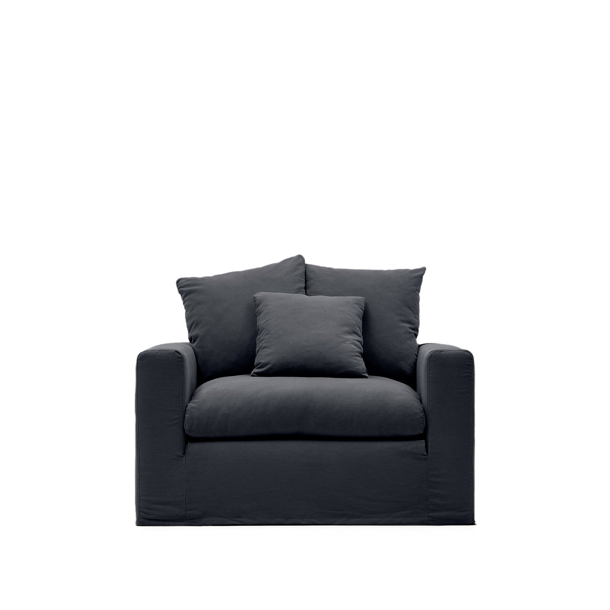 Nora armchair with removable cover with linen and cotton cushion in anthracite grey 140cm - Product Image