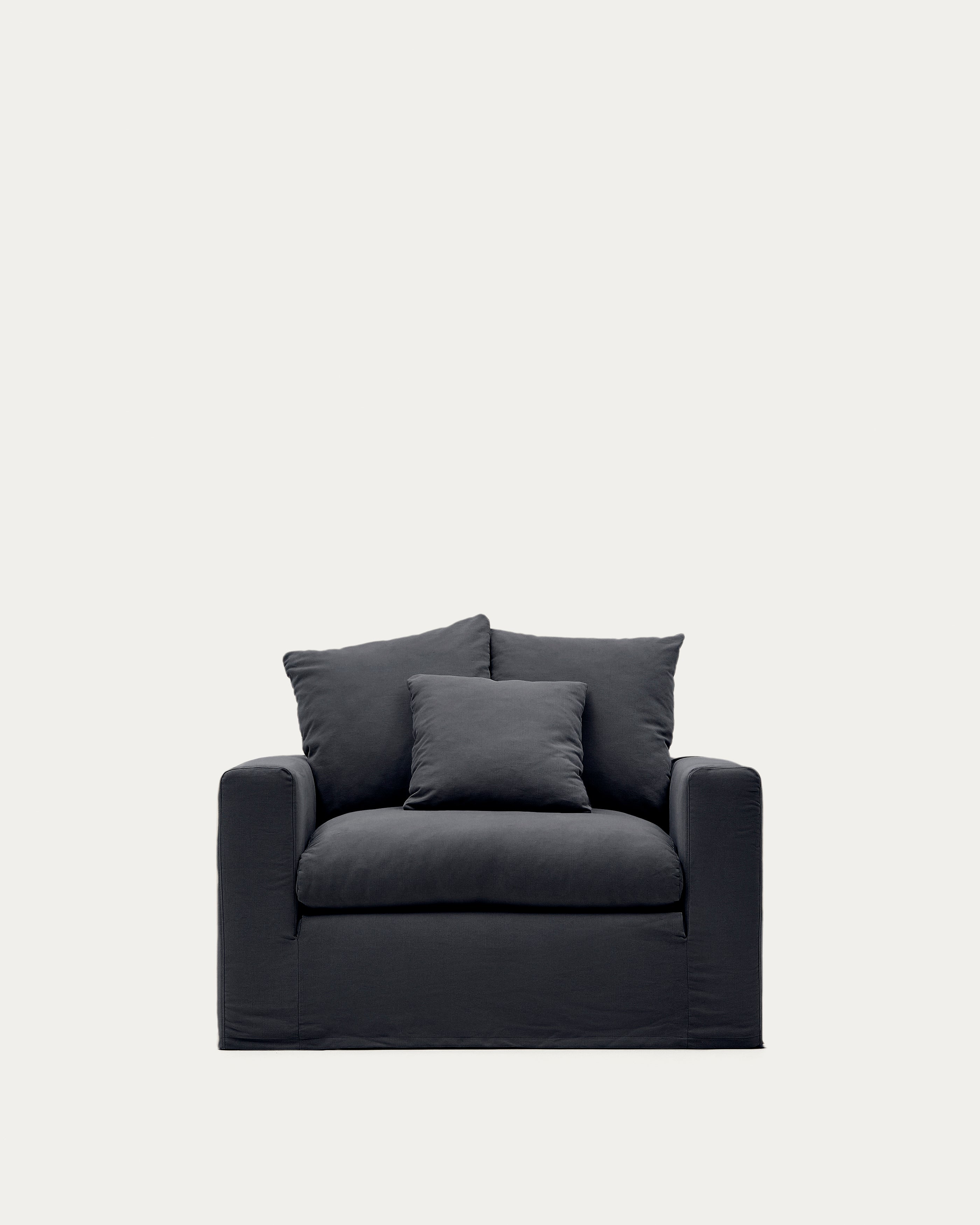 Nora armchair with removable cover with linen and cotton cushion in anthracite grey 140cm - Product Image
