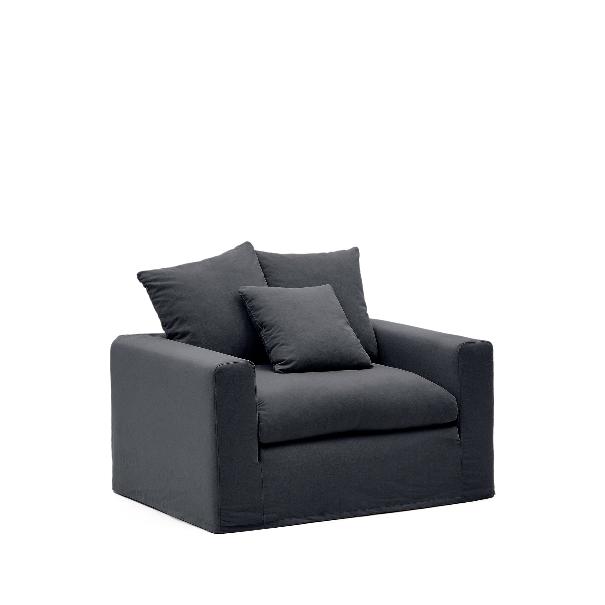 Nora armchair with removable cover with linen and cotton cushion in anthracite grey 140cm - Product Image