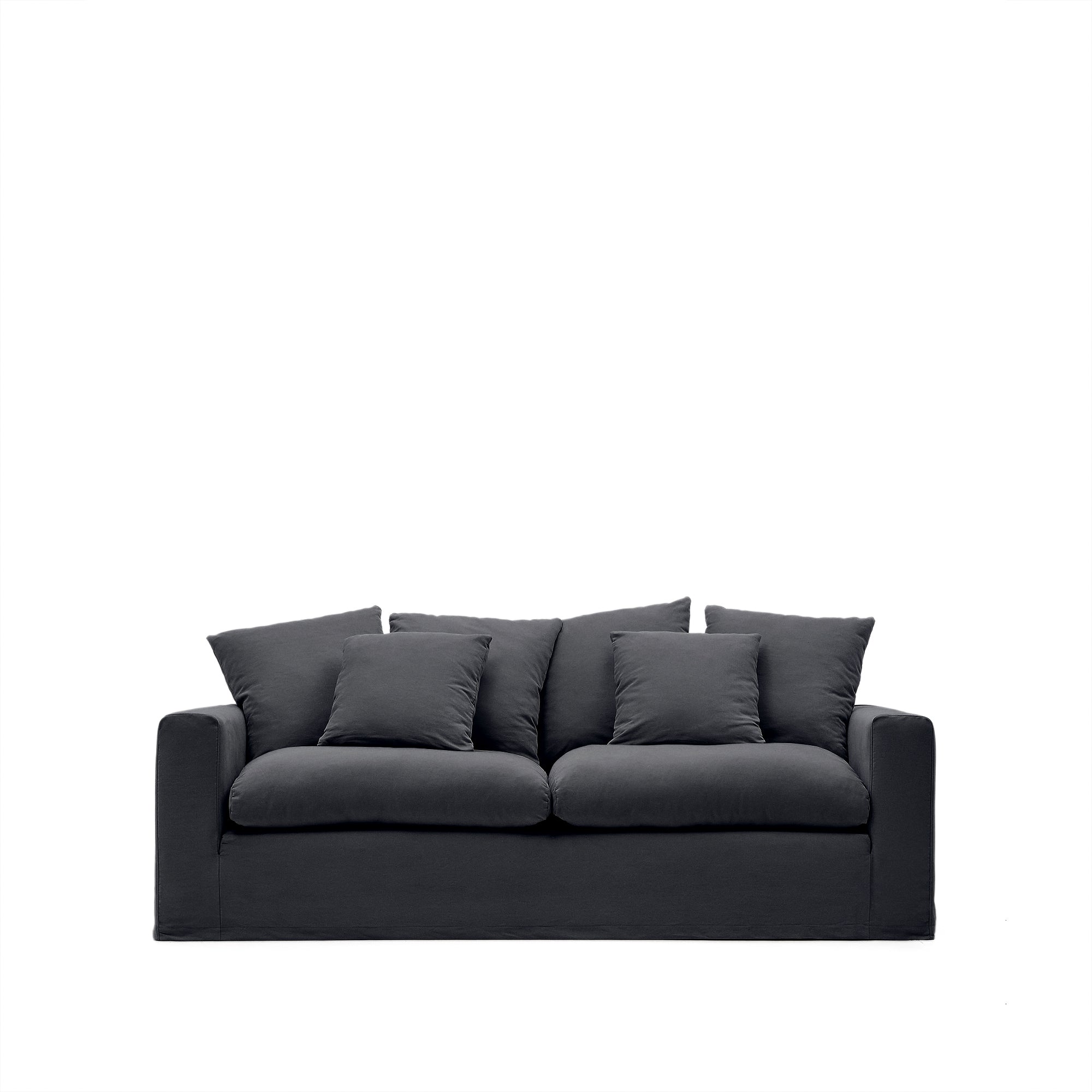Nora three-seater sofa with removable cover and anthracite gray linen and cotton cushions, 240 cm