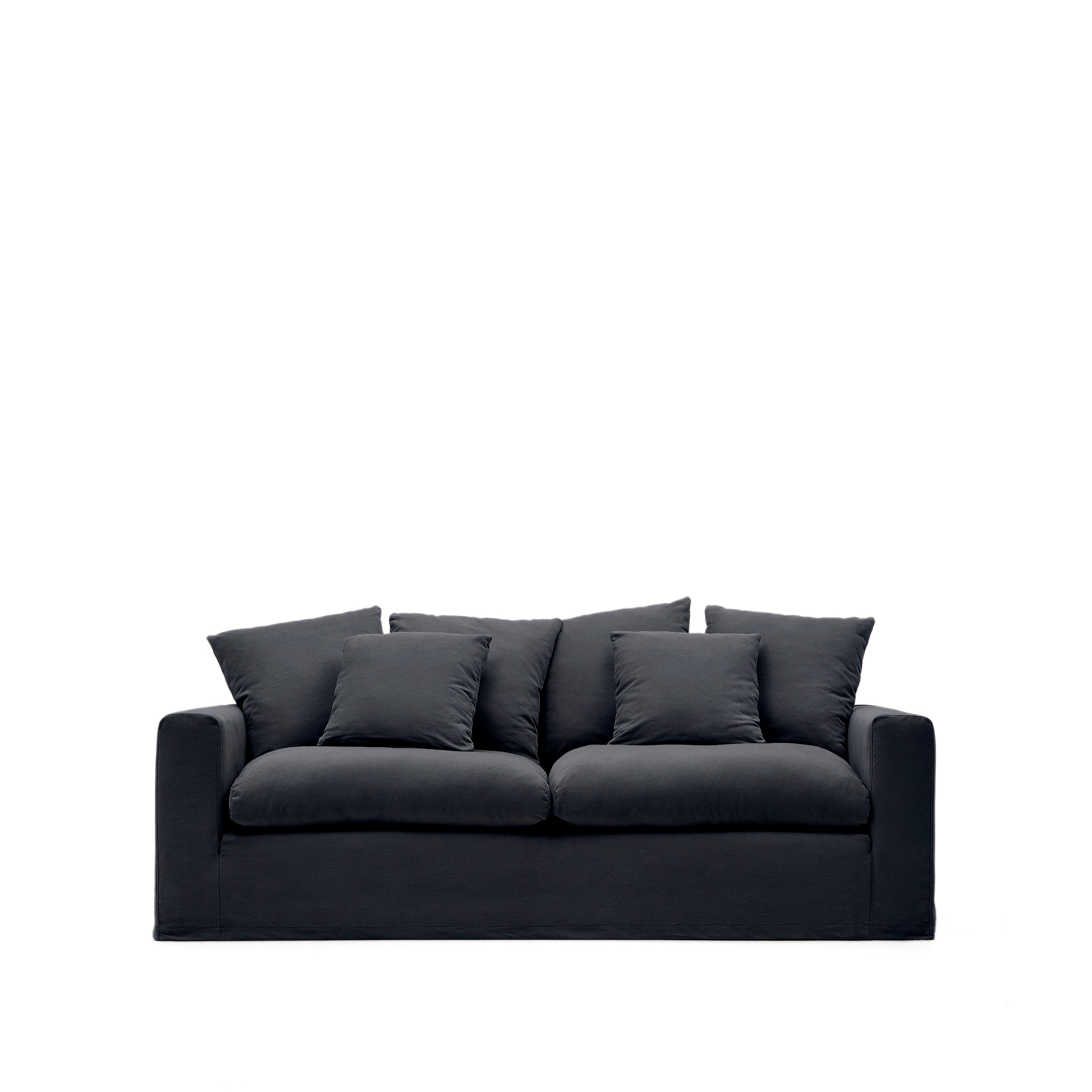 Nora three-seater sofa with removable cover and anthracite gray linen and cotton cushions, 240 cm