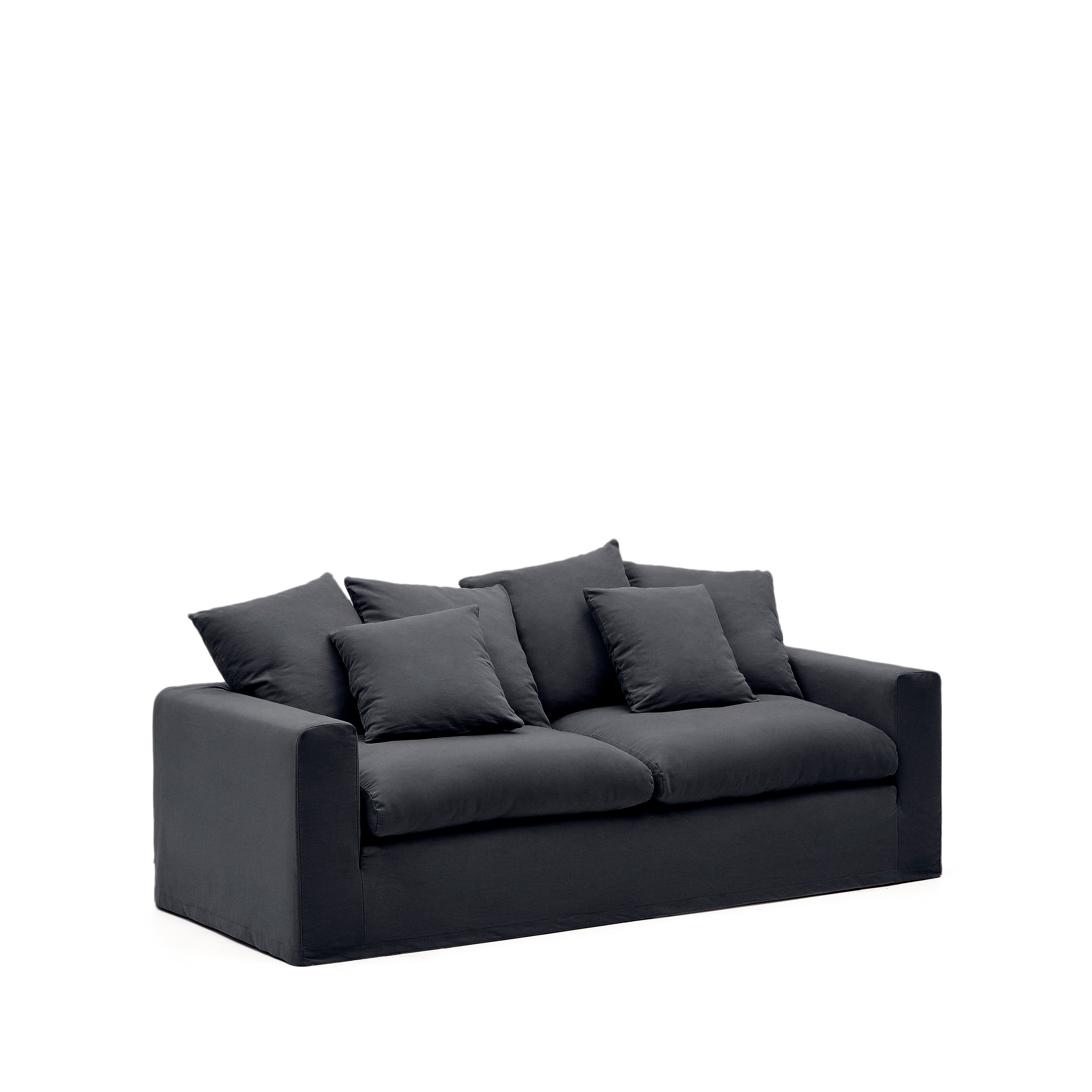 Nora three-seater sofa with removable cover and anthracite gray linen and cotton cushions, 240 cm