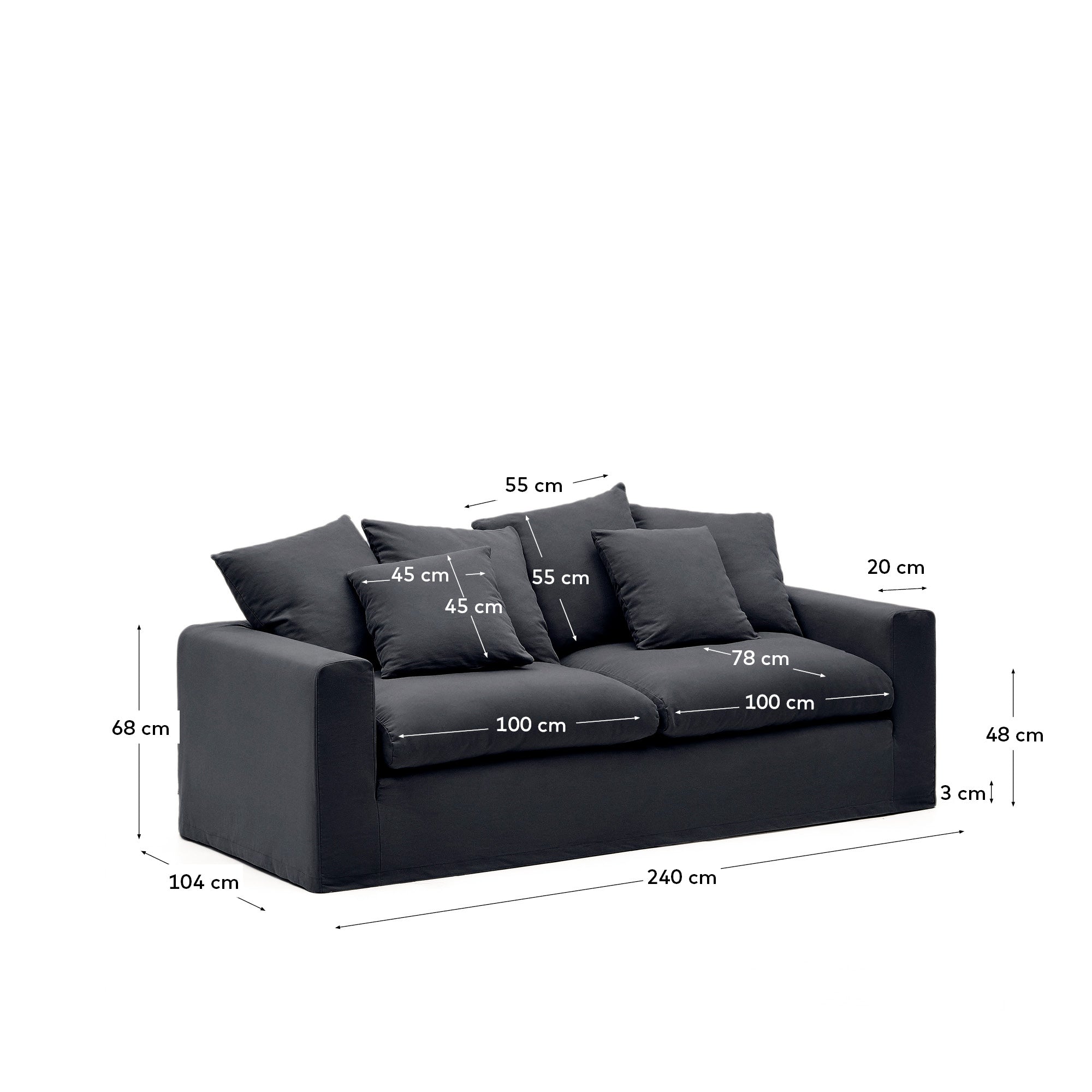 Nora 3-seater sofa with removable cover with linen and cotton cushions in anthracite grey 240cm - Measurements