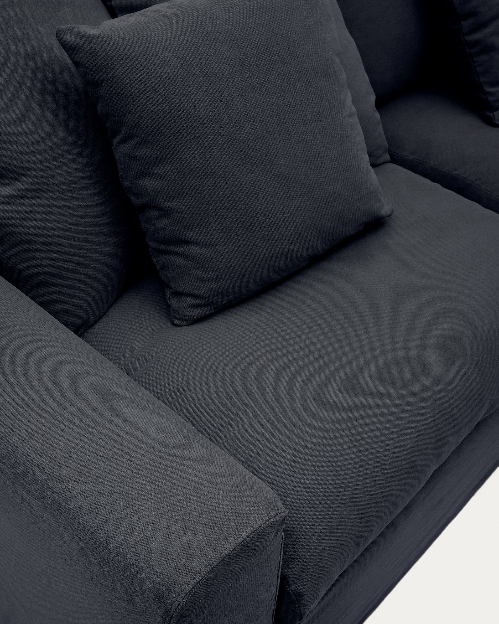 Nora three-seater sofa with removable cover and anthracite gray linen and cotton cushions, 240 cm