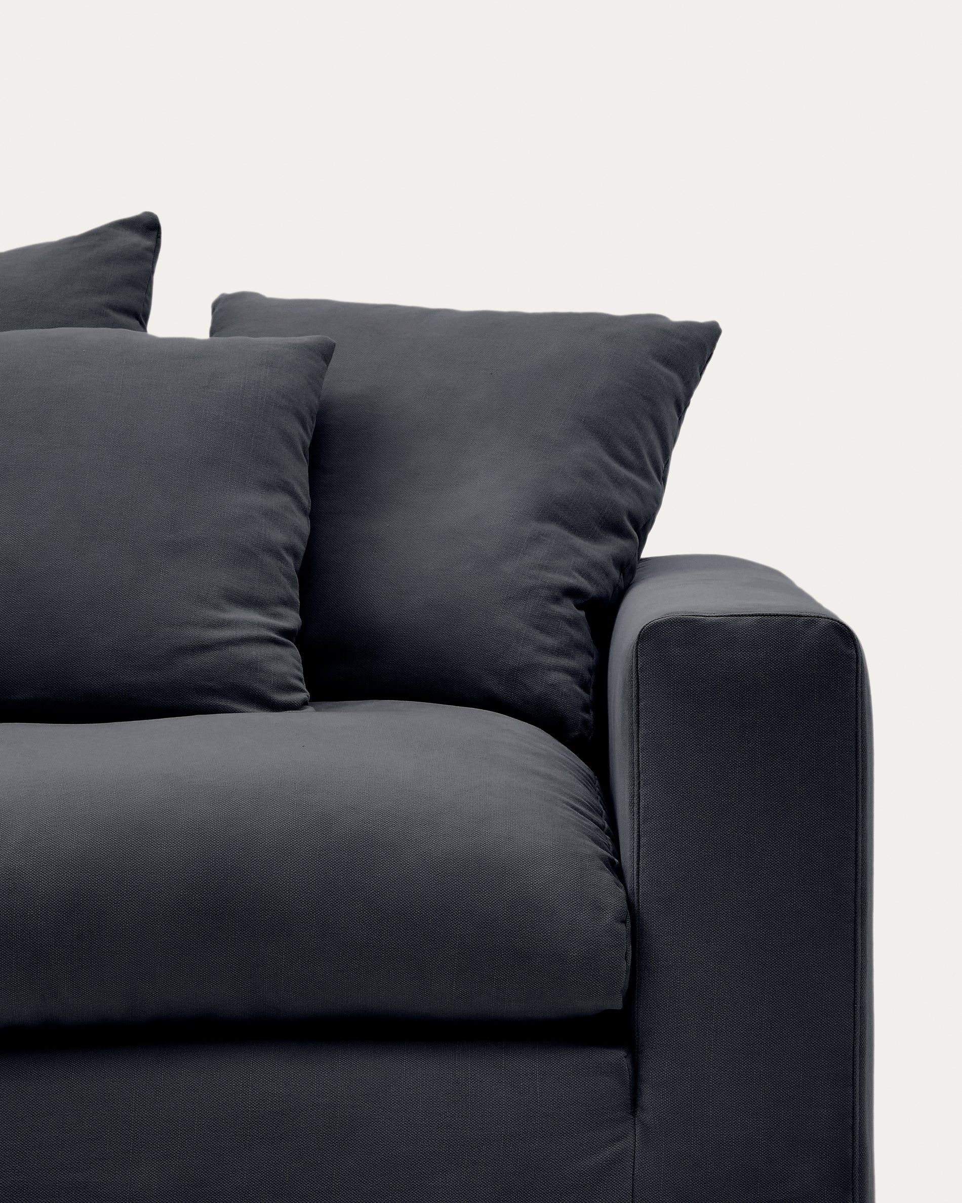Nora three-seater sofa with removable cover and anthracite gray linen and cotton cushions, 240 cm