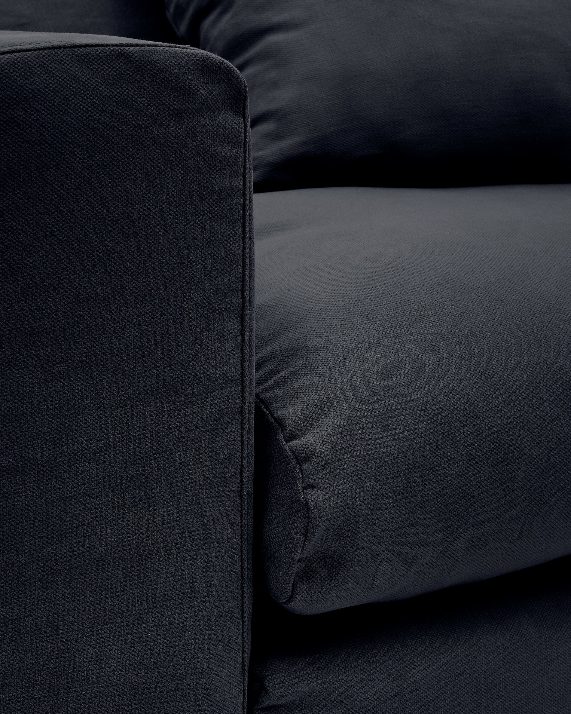 Nora three-seater sofa with removable cover and anthracite gray linen and cotton cushions, 240 cm