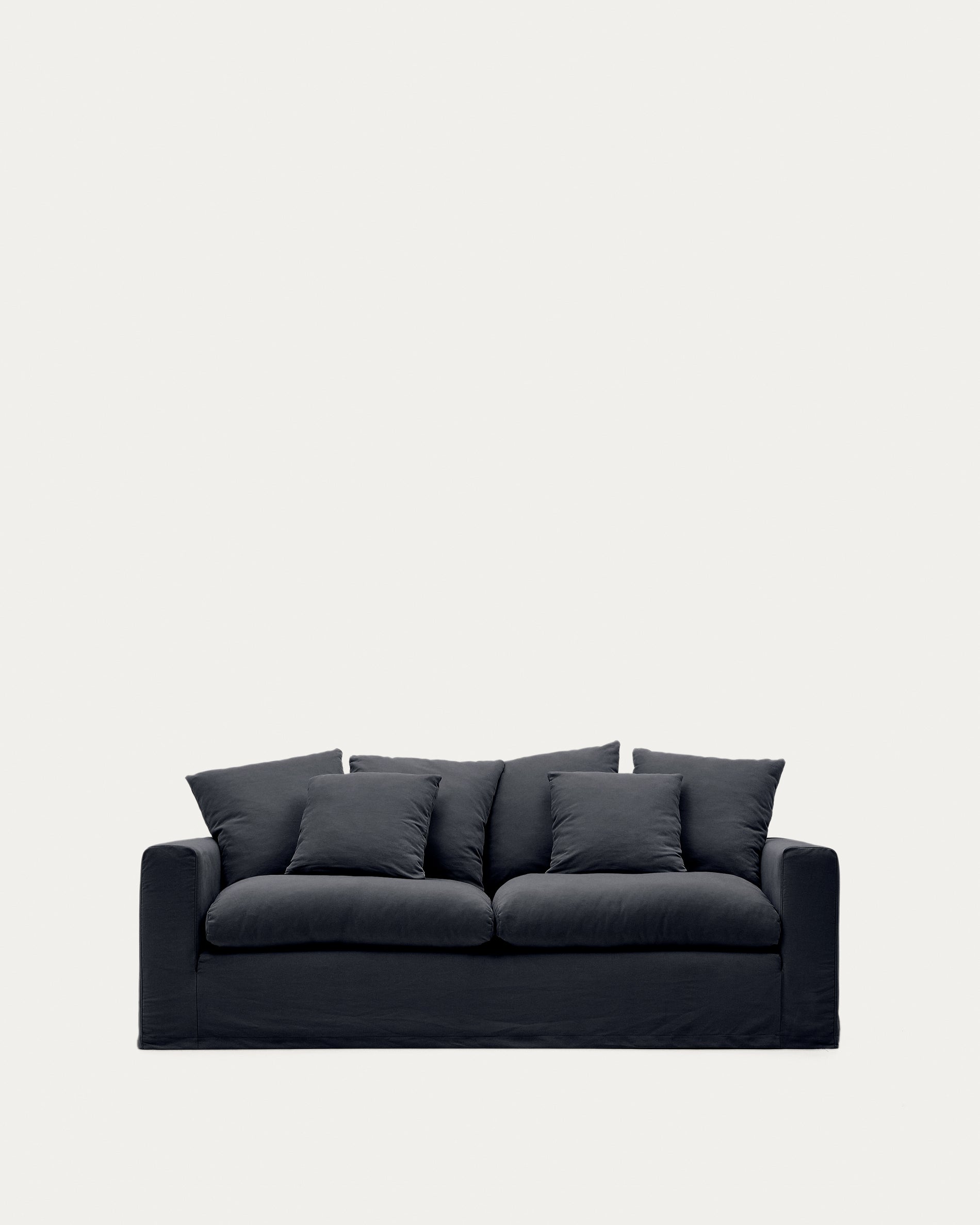 Nora three-seater sofa with removable cover and anthracite gray linen and cotton cushions, 240 cm