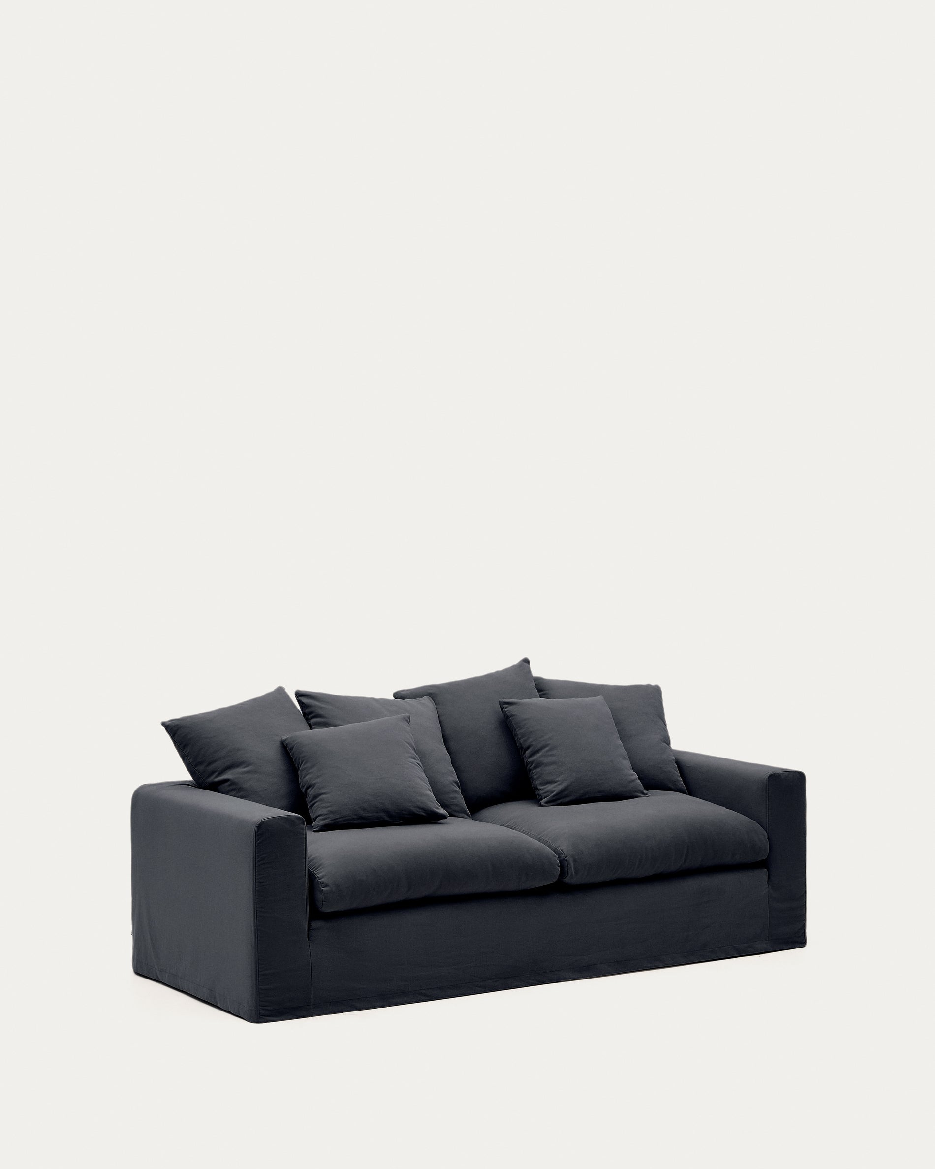 Nora three-seater sofa with removable cover and anthracite gray linen and cotton cushions, 240 cm