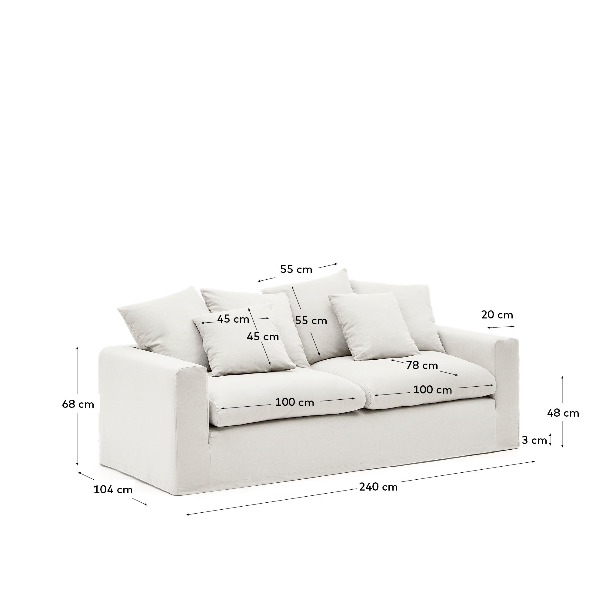 Nora 3-seater sofa with removable cover with linen and cotton cushions in ecru 240cm - Measurements