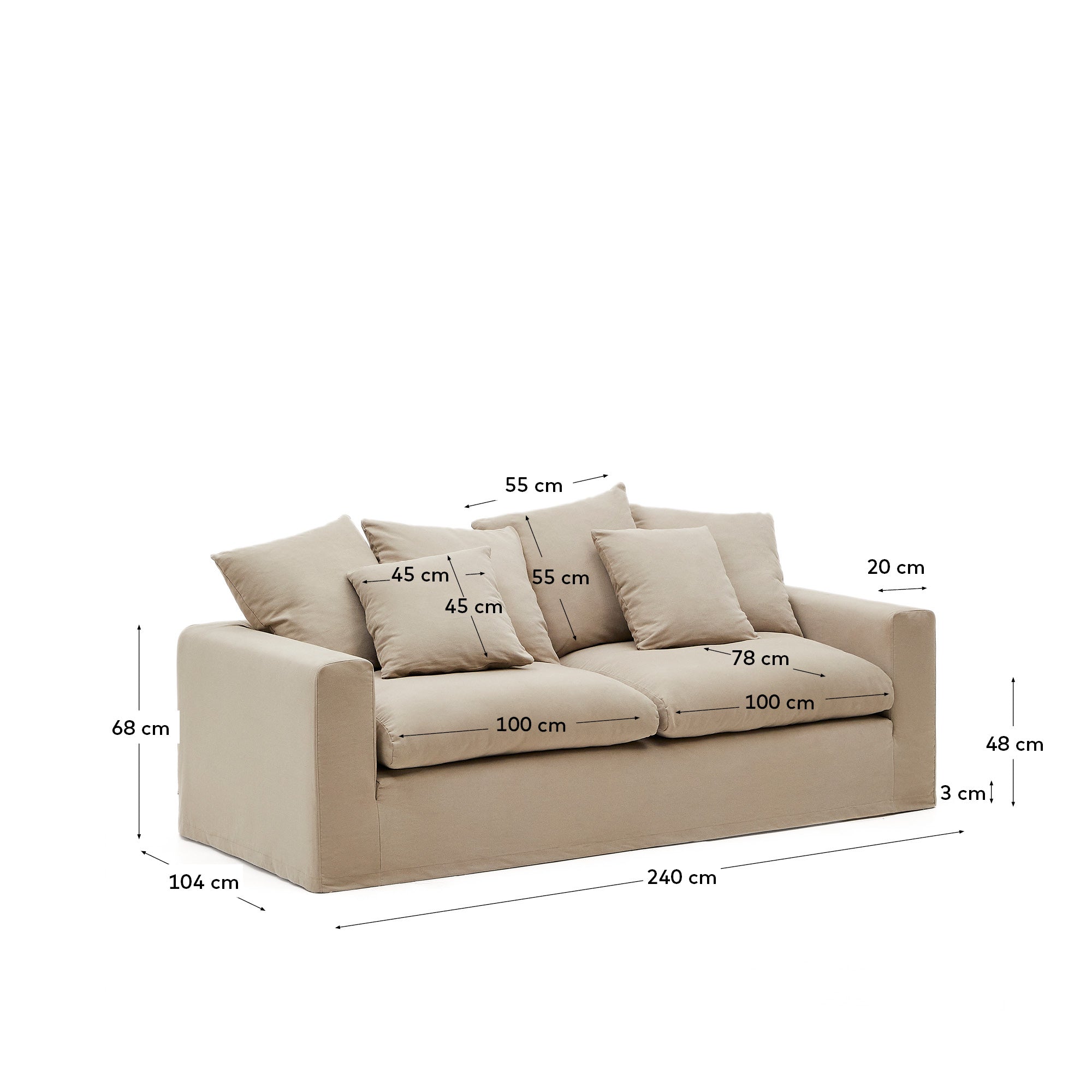 Nora 3-seater sofa with removable cover with linen and cotton cushions in taupe 240cm - Measurements