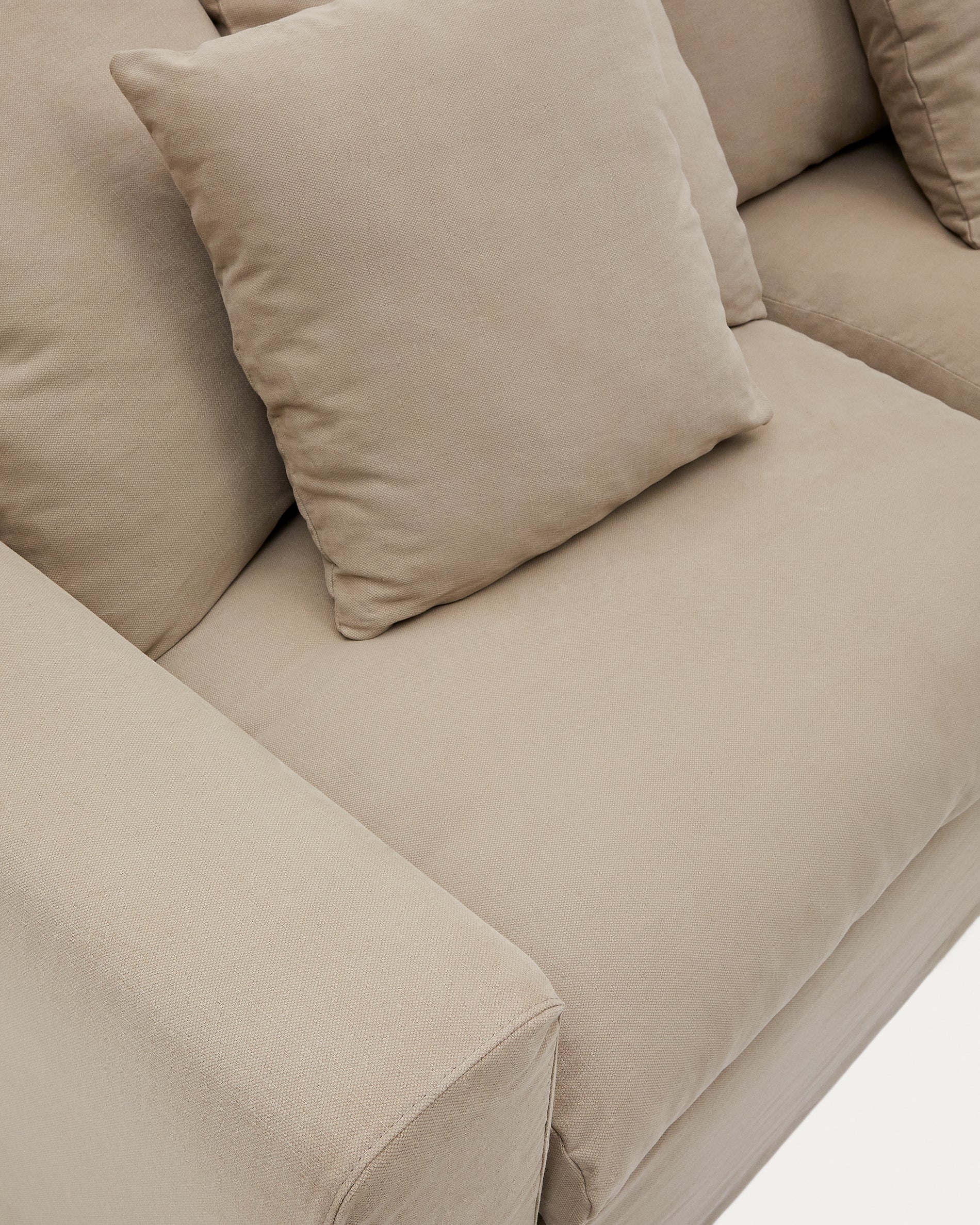 Nora three-seater sofa with ocher canvas and cotton cushions 240 cm