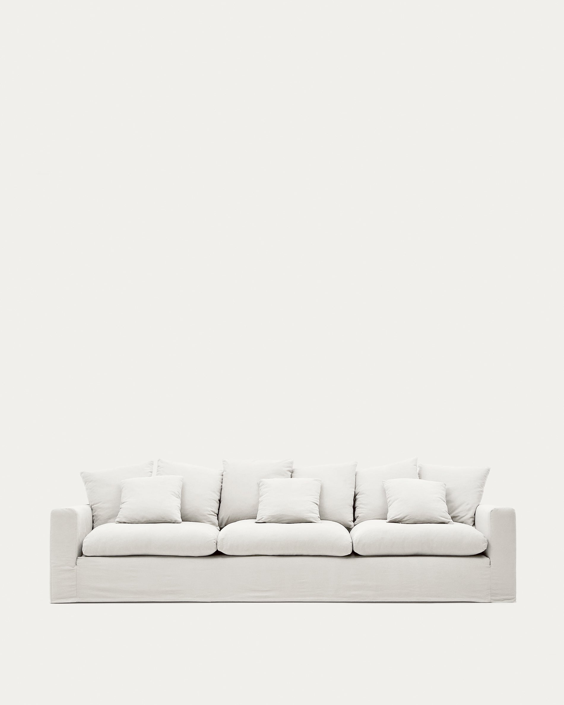 Nora 4-seater sofa with removable cover with linen and cotton cushions in ecru 340cm - Product View