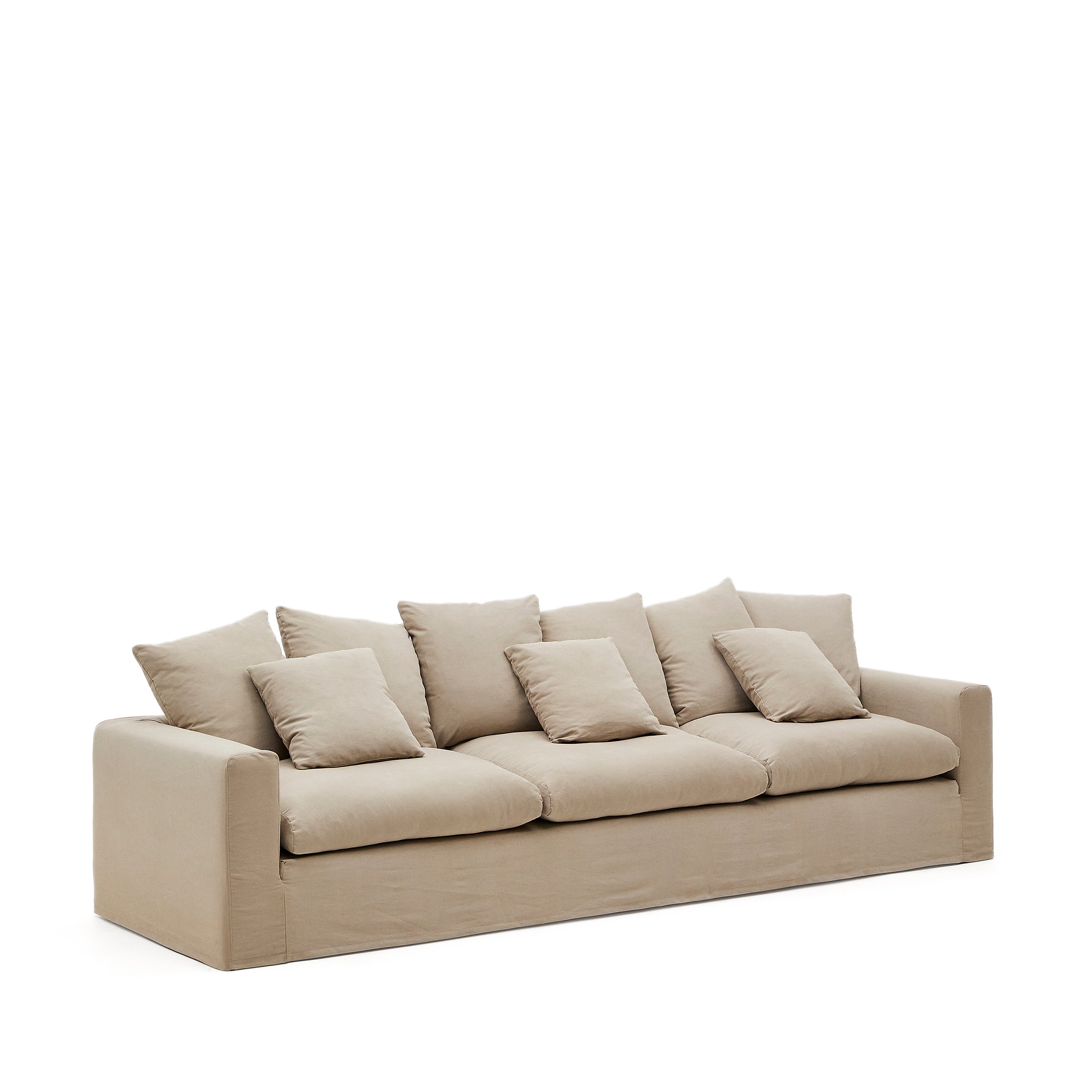 Nora 4-seater sofa with removable cover with linen and cotton cushions in taupe 340cm - Product Image