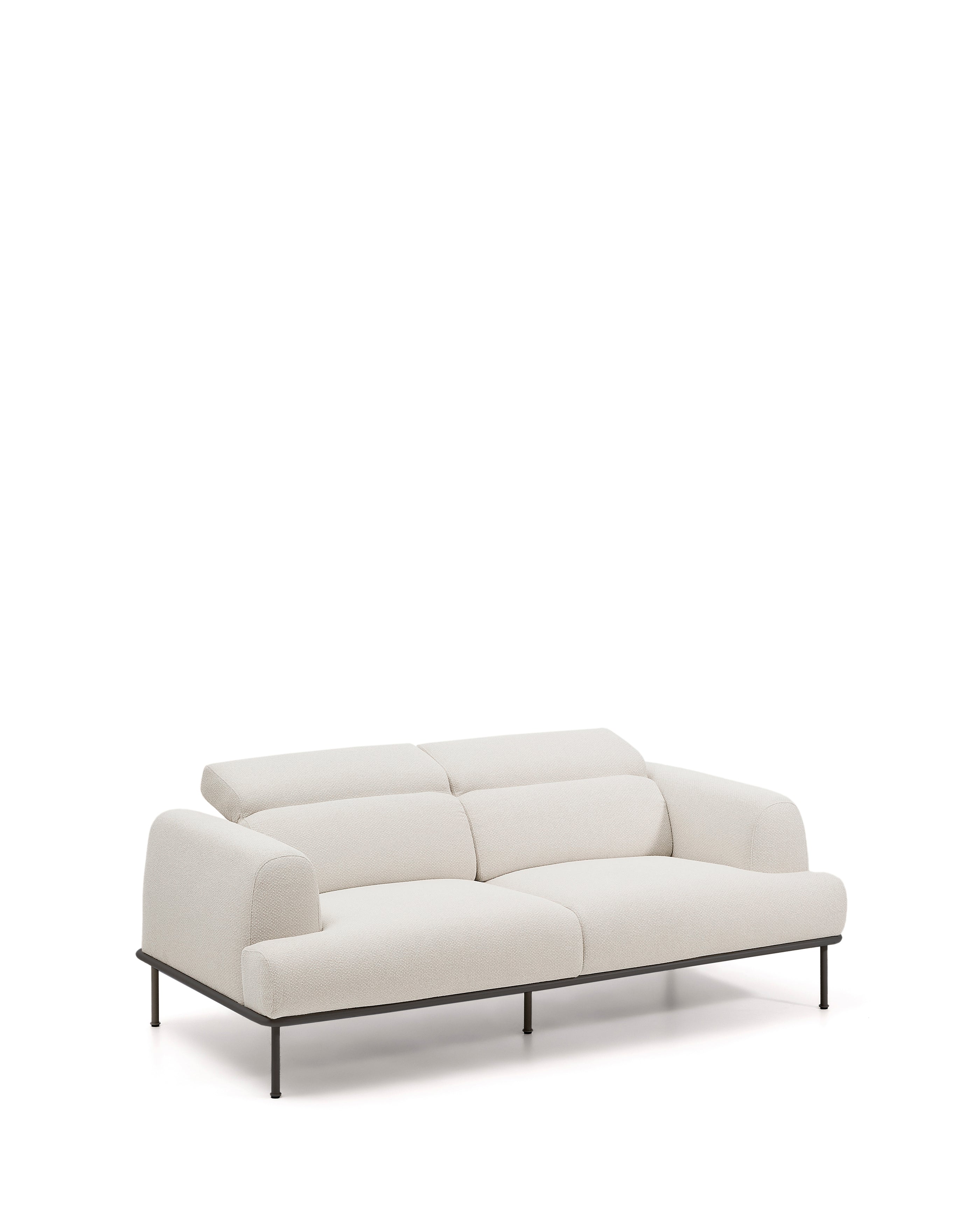 Aurum 2-seater sofa in ecru chenille with reclining headrest and matte grey metal base 214 cm FSC Mix Credit - Product Image