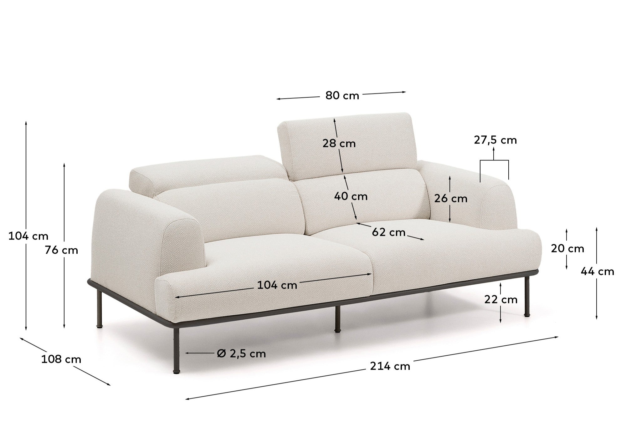Aurum 2-seater sofa in ecru chenille with reclining headrest and matte grey metal base 214 cm FSC Mix Credit - Measurements