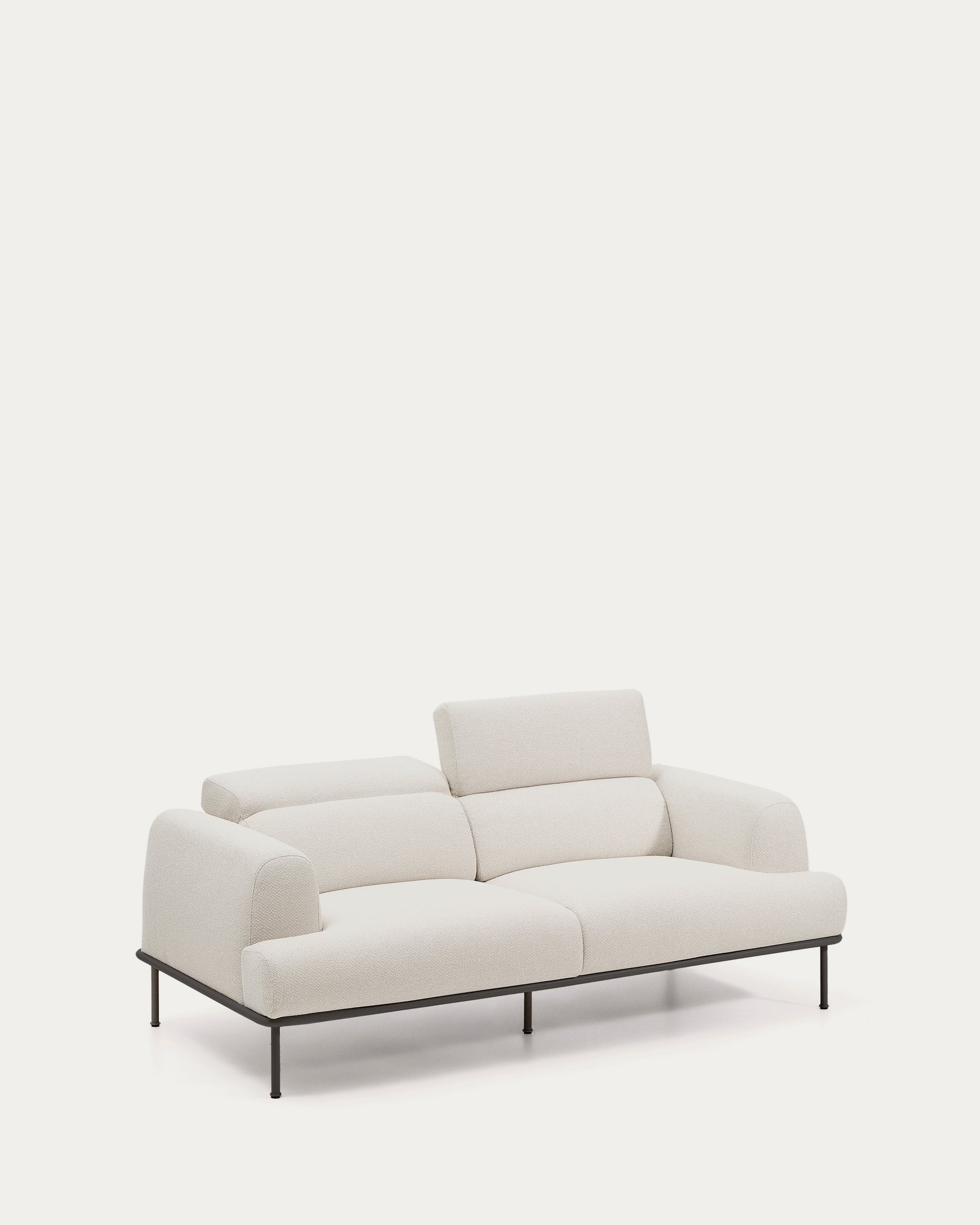 Aurum 2-seater sofa in ecru chenille with reclining headrest and matte grey metal base 214 cm FSC Mix Credit - Product View