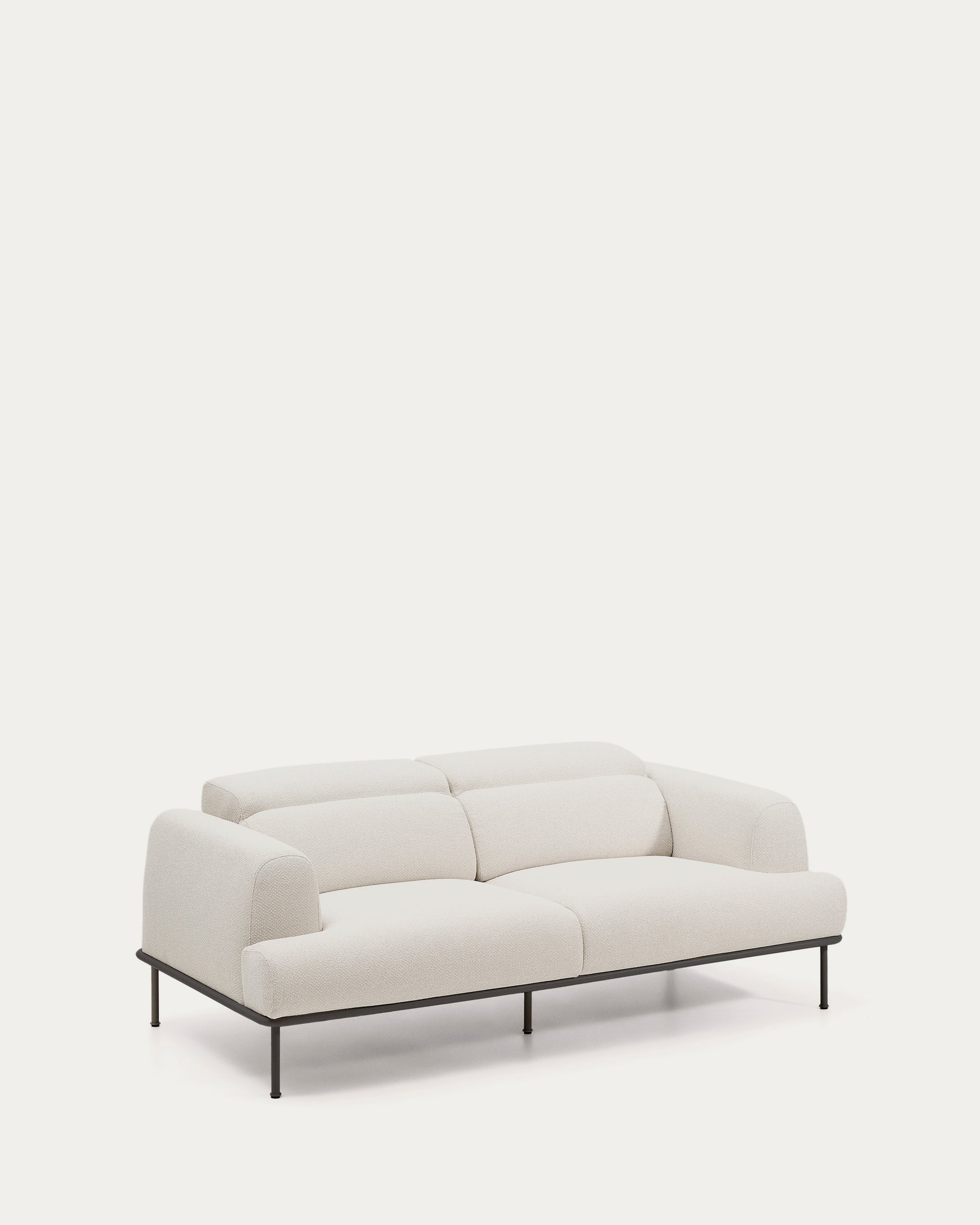 Aurum 2-seater sofa in ecru chenille with reclining headrest and matte grey metal base 214 cm FSC Mix Credit - Product View