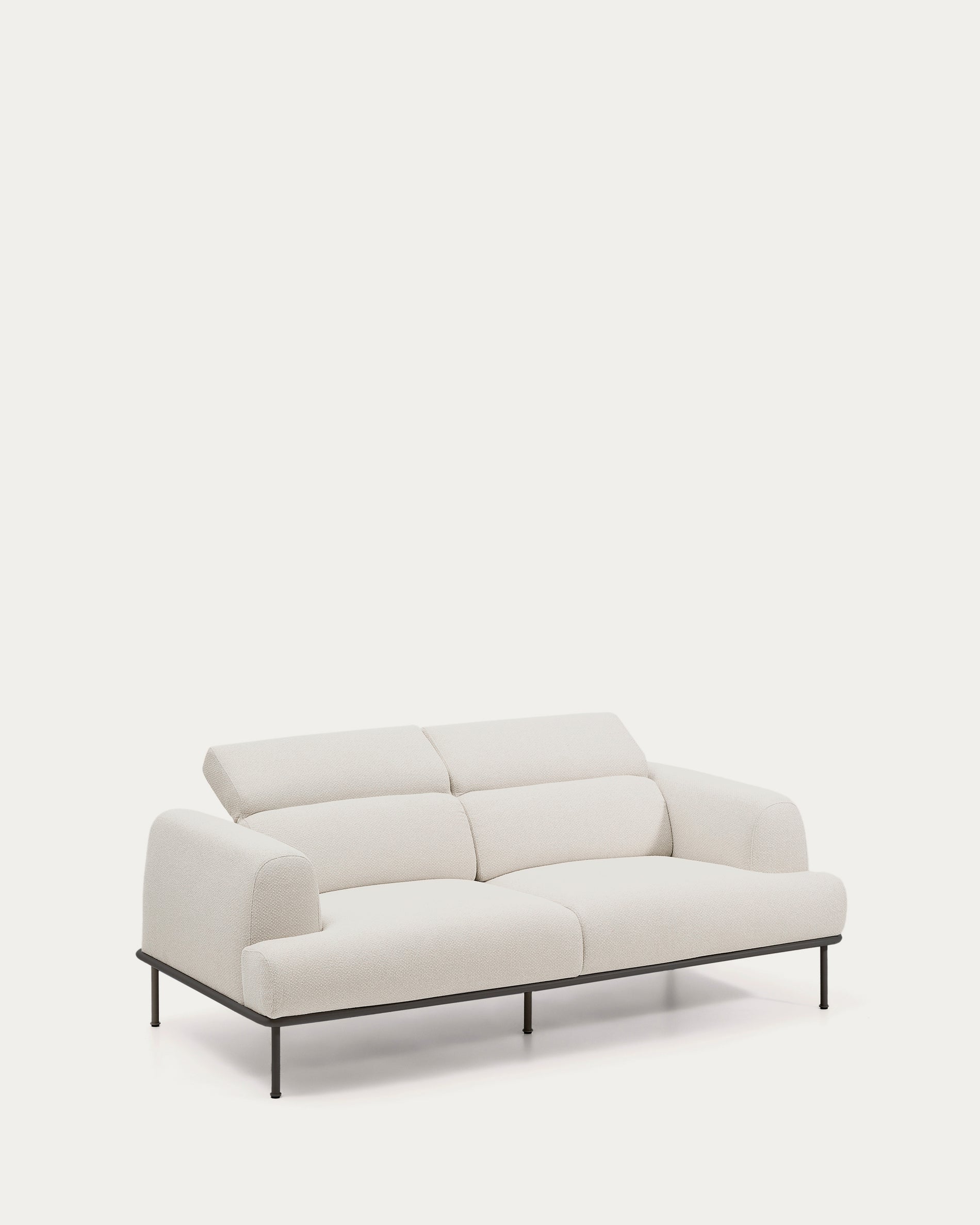 Aurum 2-seater sofa in ecru chenille with reclining headrest and matte grey metal base 214 cm FSC Mix Credit - Product View