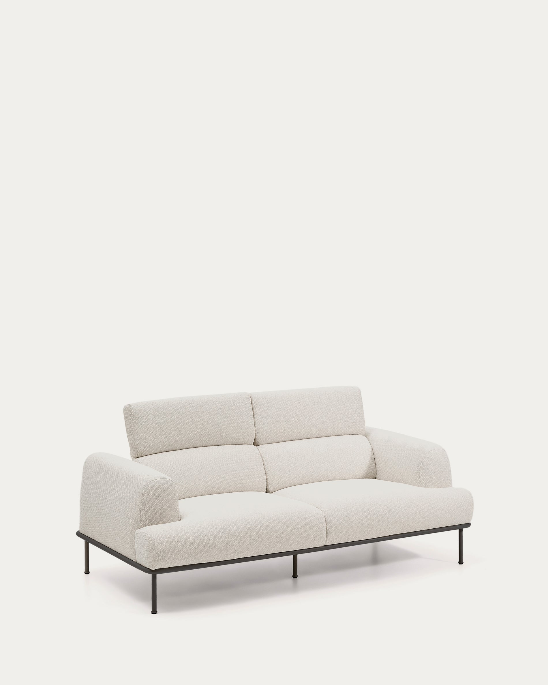 Aurum 2-seater sofa in ecru chenille with reclining headrest and matte grey metal base 214 cm FSC Mix Credit - Product View