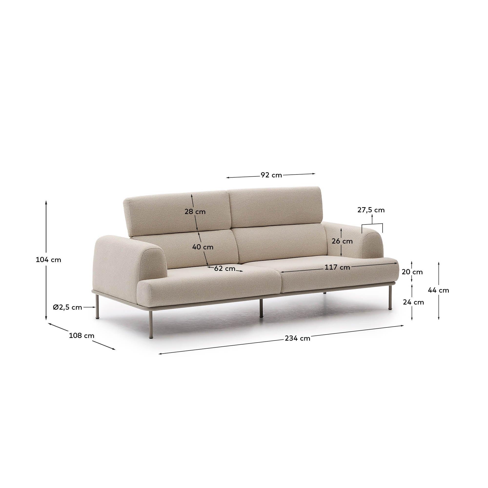 Aurum 3-seater sofa in ecru chenille with reclining headrest and matte beige metal base 234cm FSC Mix Credit - Measurements