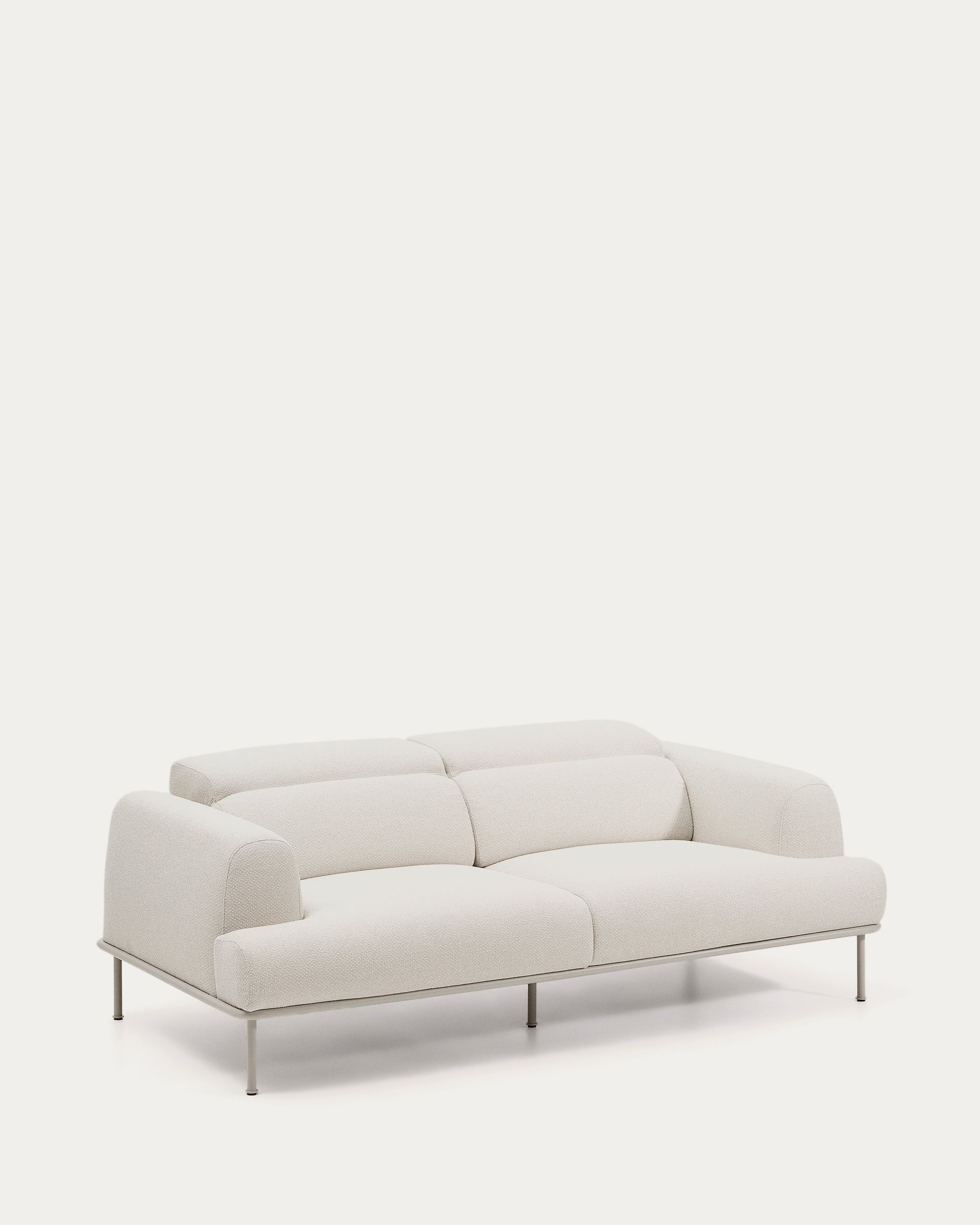 Aurum 3-seater sofa in ecru chenille with reclining headrest and matte beige metal base 234cm FSC Mix Credit - Product View