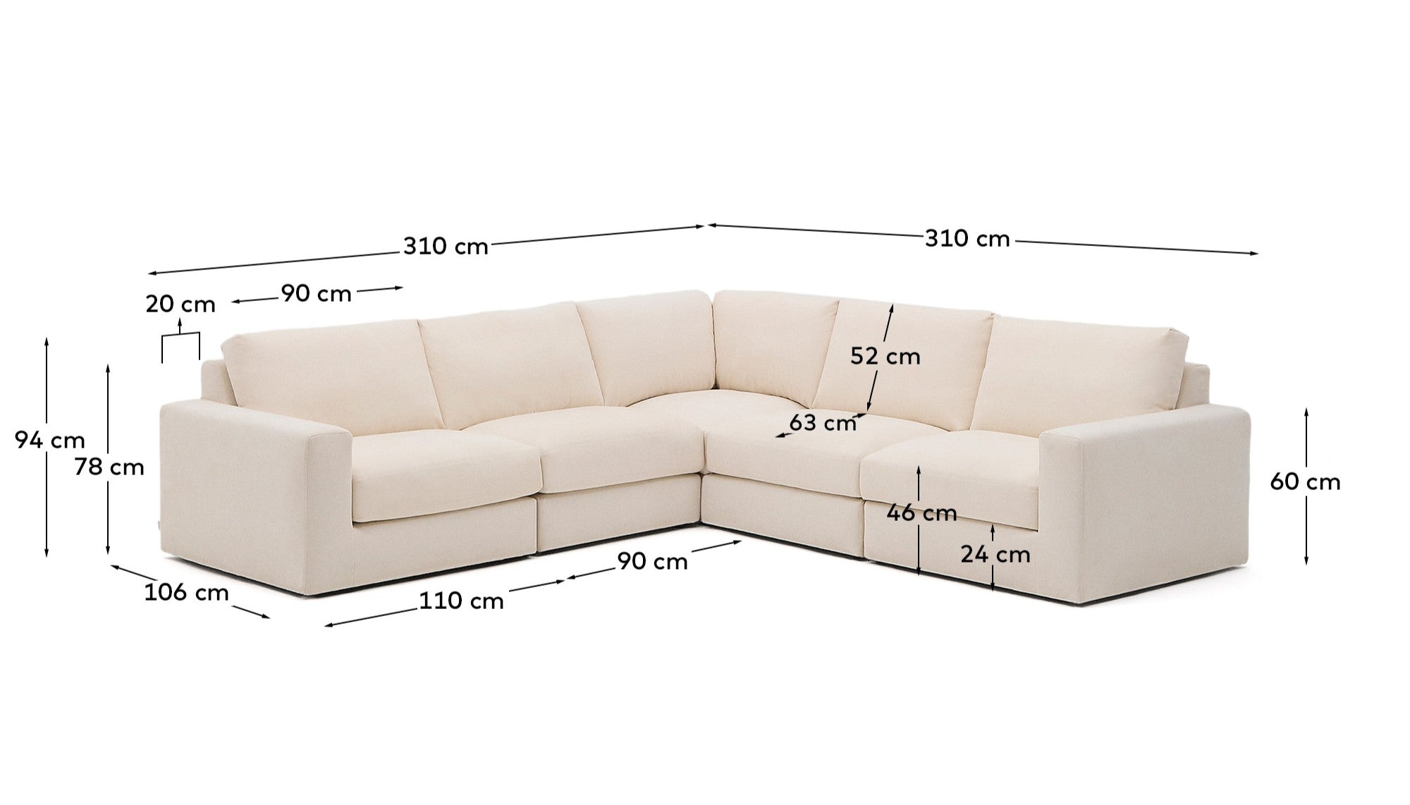 Alea 5-seater modular corner sofa with removable cover in ecru chenille 310 x 310cm - Measurements