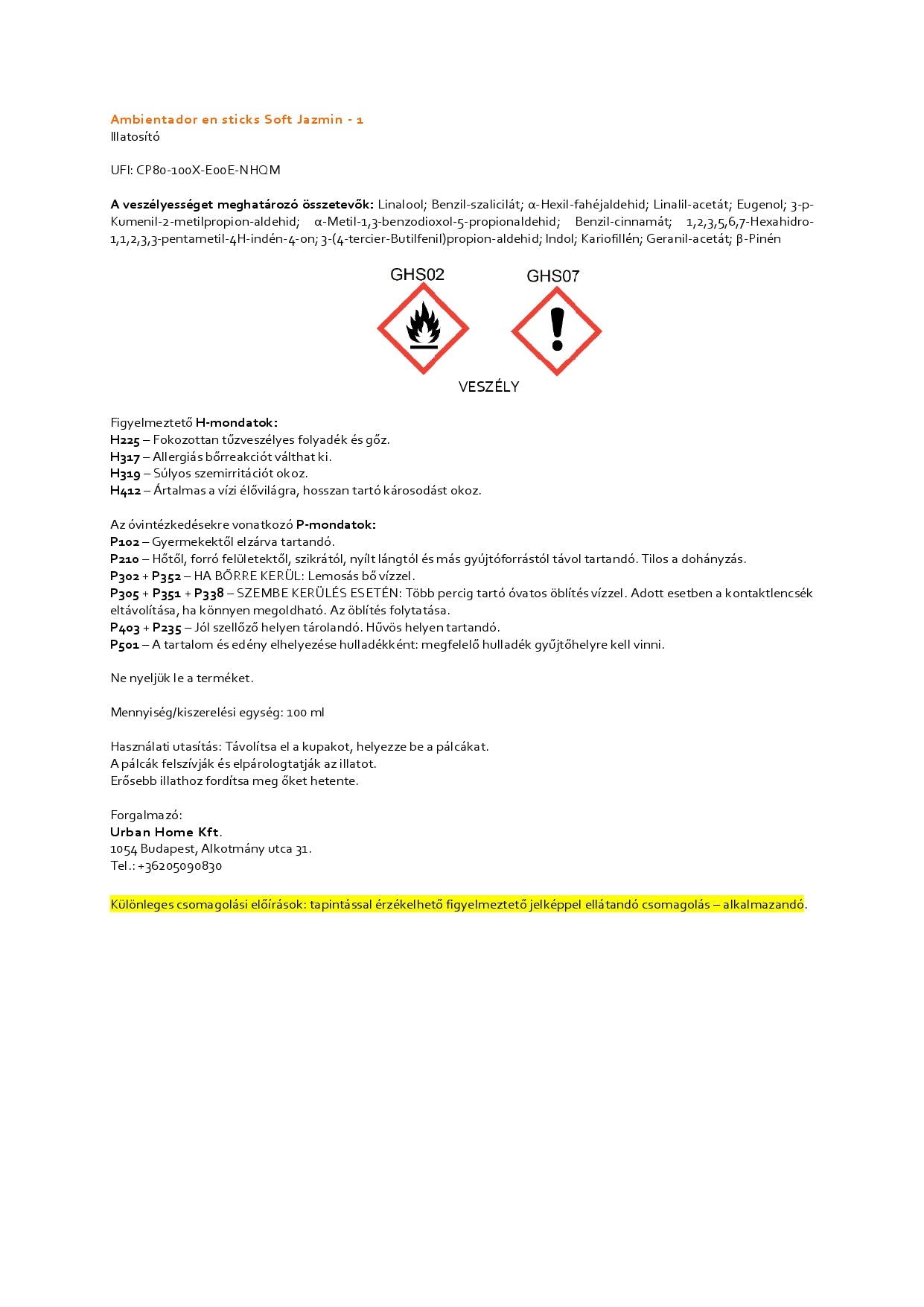 100ml Soft Jasmin fragrance diffuser replacement