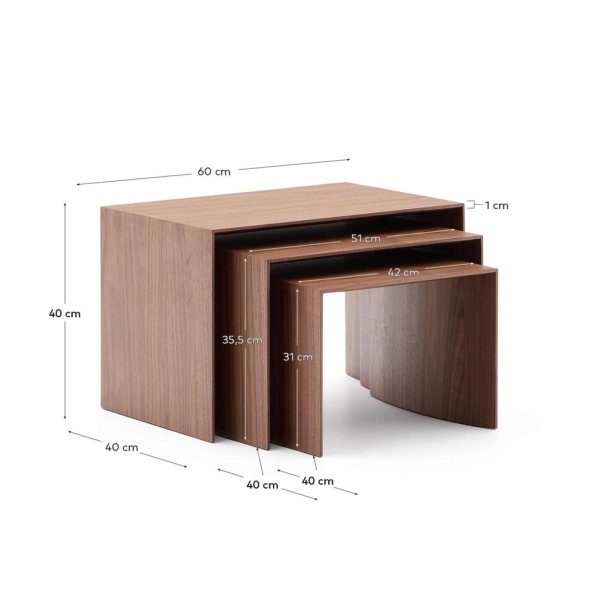 Litto set of 3 walnut veneer FSC Mix Credit nesting tables 60 x 40 / 51 x 36 / 42 x 31 cm - Measurements